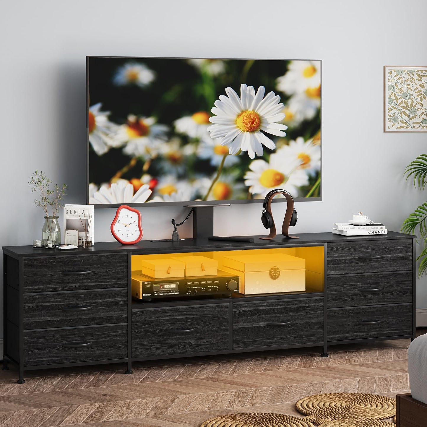 Welfuturer Large TV Stand with Power Outlet and LED Lights, Entertainment Center with 8 Drawers and TV Mount, Rustic Wood Media Console Table with Storage for Living Room, Bedroom (Black)