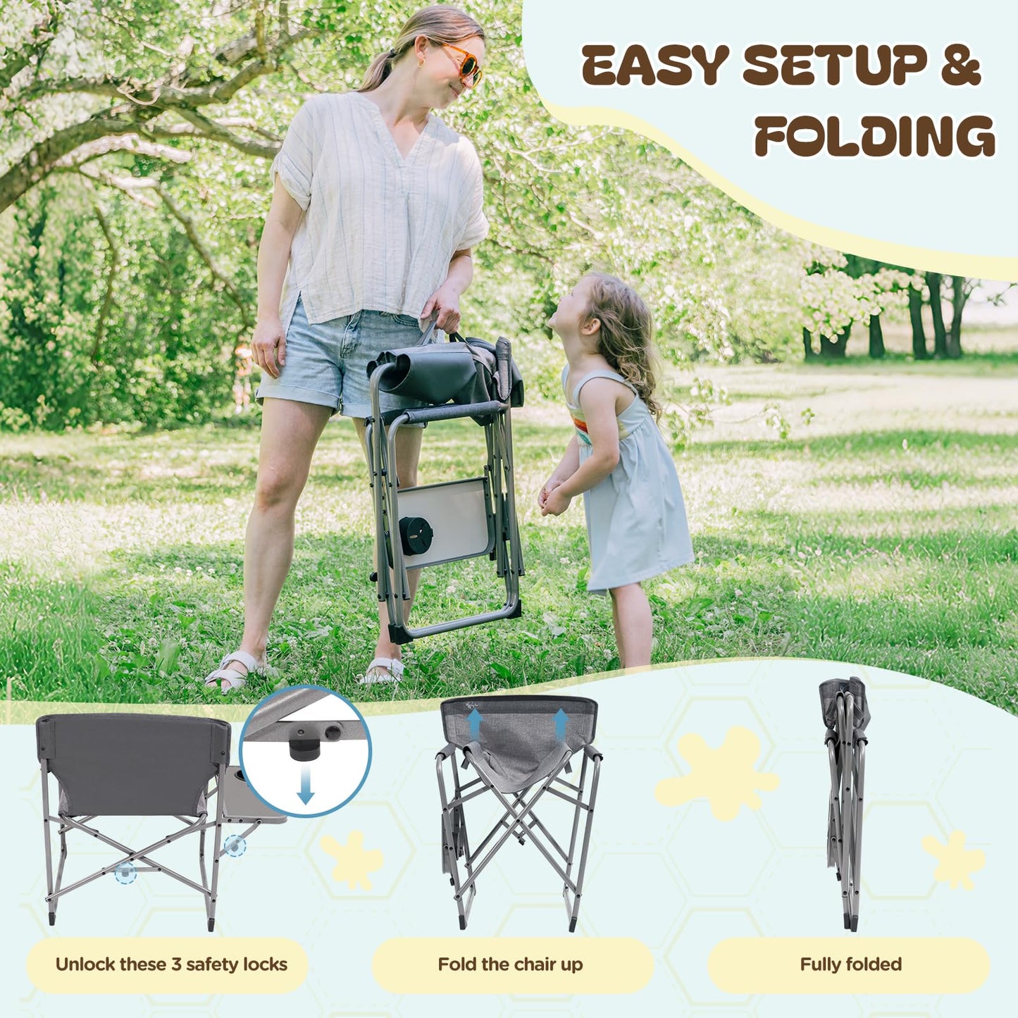 Busy Bee Kids Director Camping Chair with Foldable Side Table, Lightweight, Flat Folding, Compact and Portable, Perfect Kid Beach Chairs, Supports 150 Lbs.