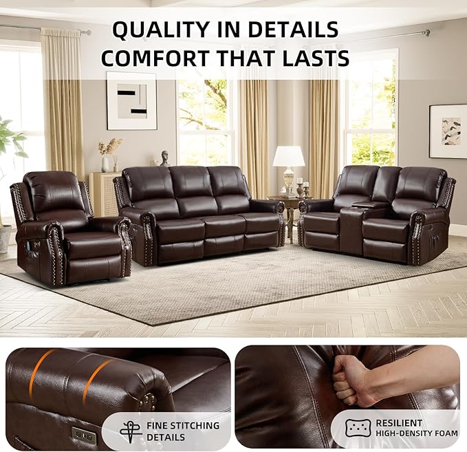 EBELLO Faux Leather Power Recliner Sofa Furniture Set, Included Electric