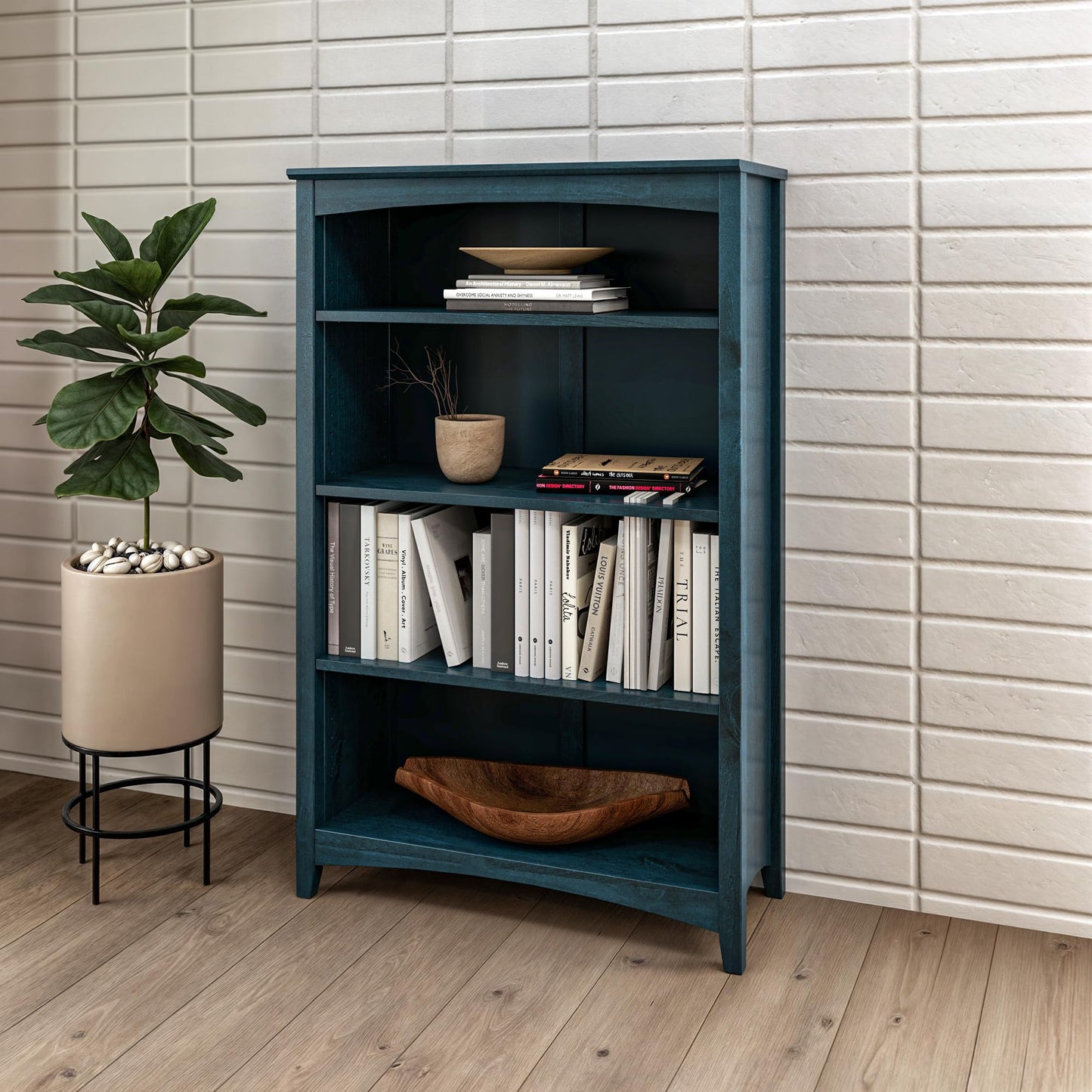 Camaflexi Shaker Style 4 Shelf Bookcase/Solid Wood / 48" High/Adjustable Shelving/Closed Back/Display Bookshelf for Living Room, Bedroom, Home and Office, Deep Ocean Blue
