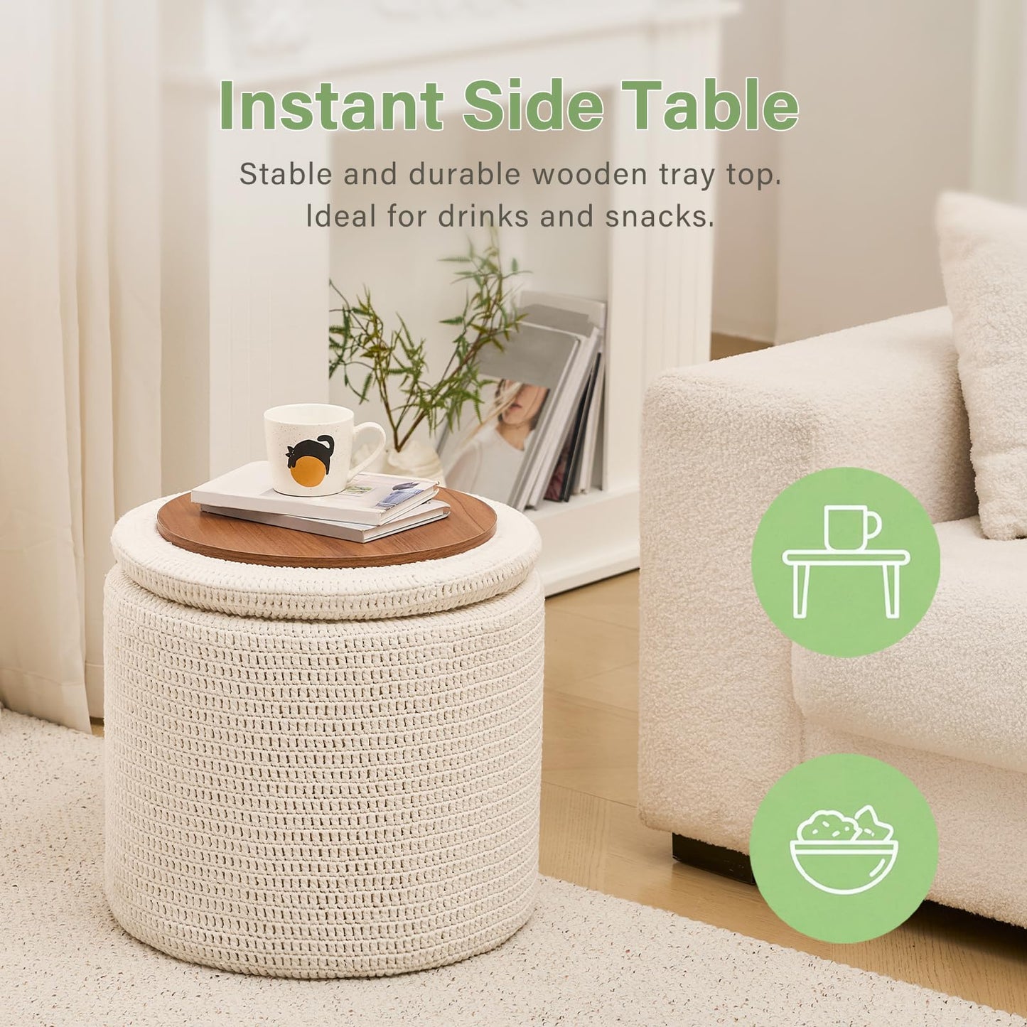 Wimarsbon Pouf Ottoman, 100% Cotton Knitted Boho Footstool, Round Footrest with Non-Skid Wood Legs, Home Décor Handmade Pouffe, Leisure Floor Step Stool for Living Room (18inch White Storage Ottoman)