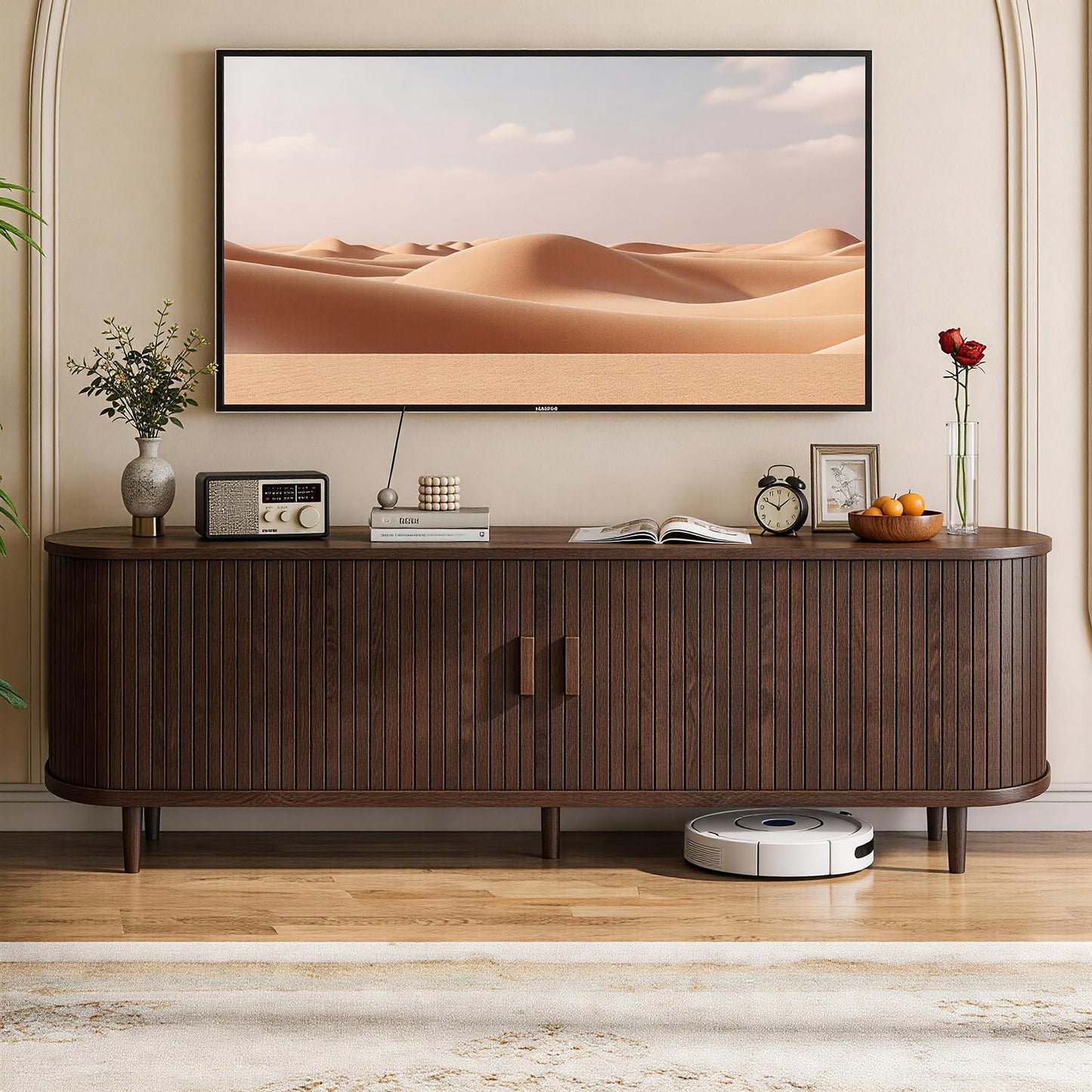 OneBlis 65" Mid Century Modern TV Stand with Power Outlet, Fluted Entertainment Center with Storage and Adjustable Shelves, Wood TV Console with Sliding Doors for Living Room, Walnut