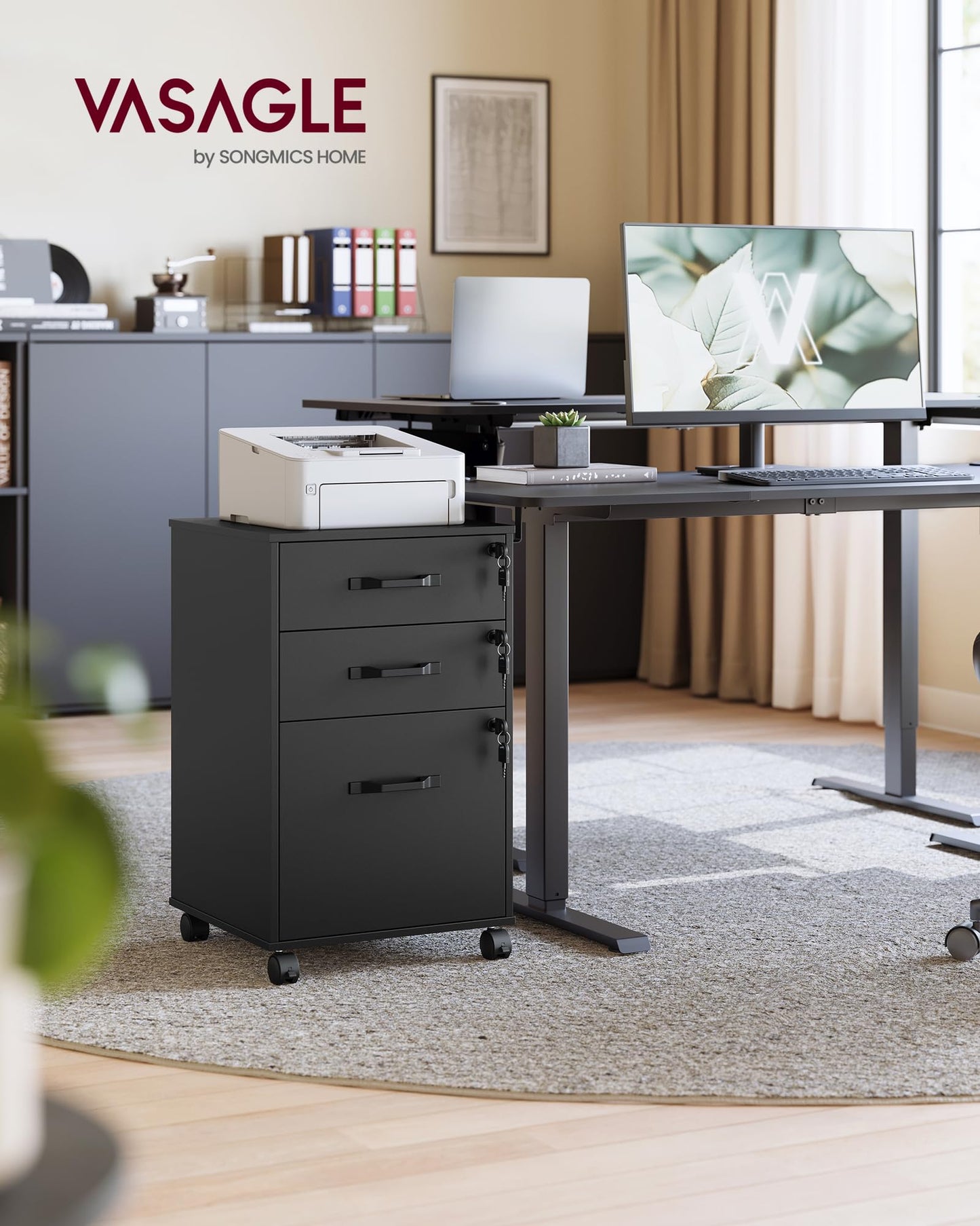 VASAGLE Custos Collection - Mobile File Cabinet, 3 Drawers Filing Cabinet with Wheels, for Home Office, for A4, Letter Sized Documents, File Folders, Lockable, Ink Black UOFC084BC01S