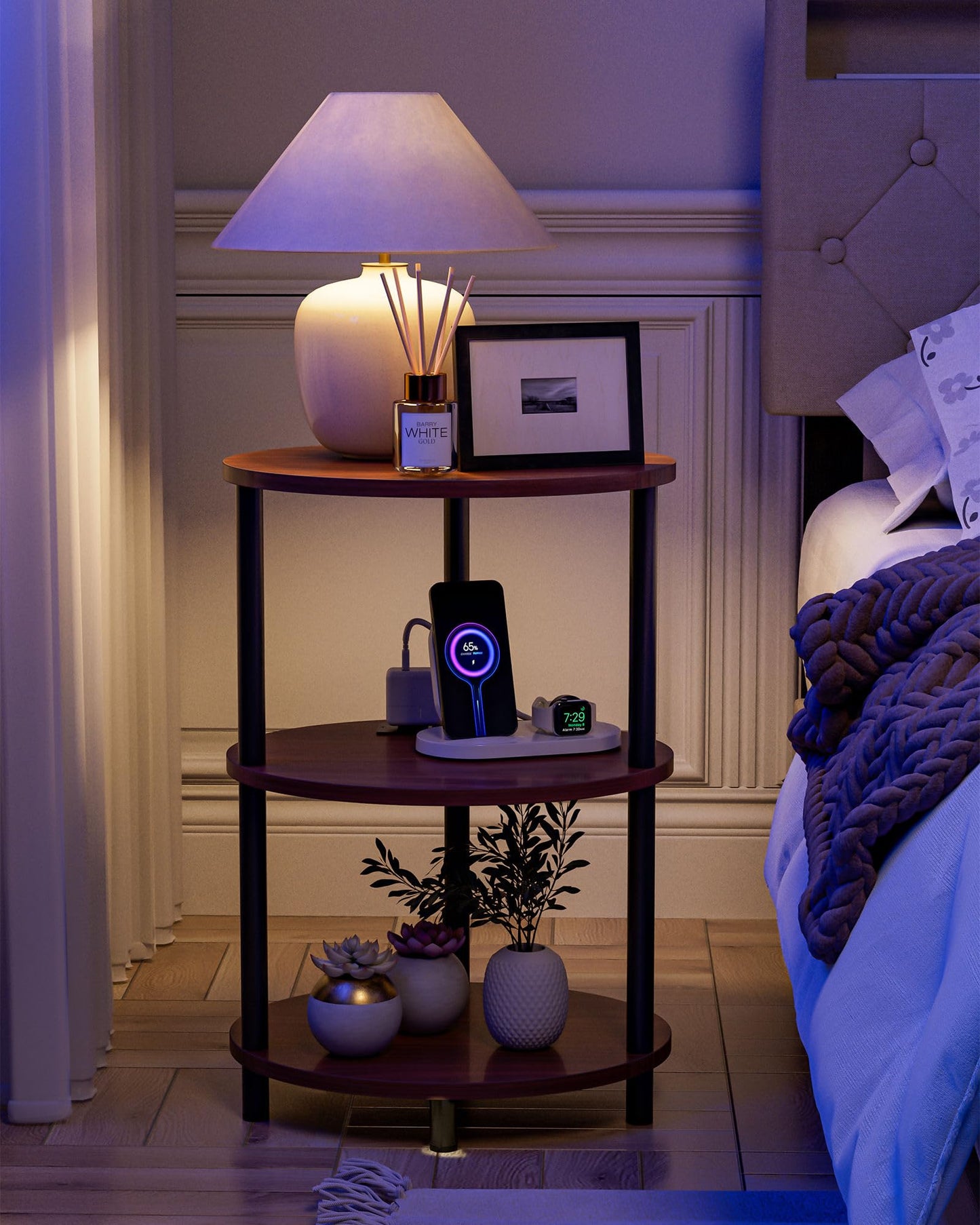 RISWER Small Round Side Table - 3-Tier Oval Accent Table for Small Spaces, Rustic Wood and Metal Nightstand for Living Room or Bedroom, with Built-in USB Ports and Power Outlet, Rustic Walnut