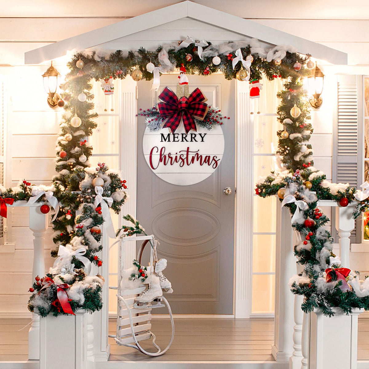 Merry Christmas Wreath Welcome Sign for Front Door, 11.8 inch Wooden Merry Christmas Sign for Holiday Rustic Farmhouse Front Door Porch Wall Window Outside Decorations (Merry Christmas-White)