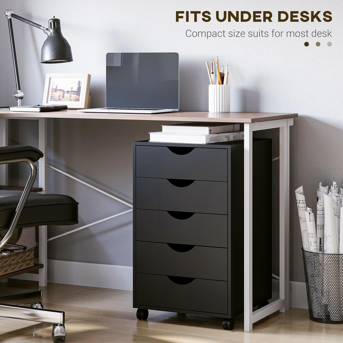 HOMCOM 5 Drawer Mobile File Cabinet, Rolling Printer Stand, Modern Vertical Filing Cabinet for Home Office, Black