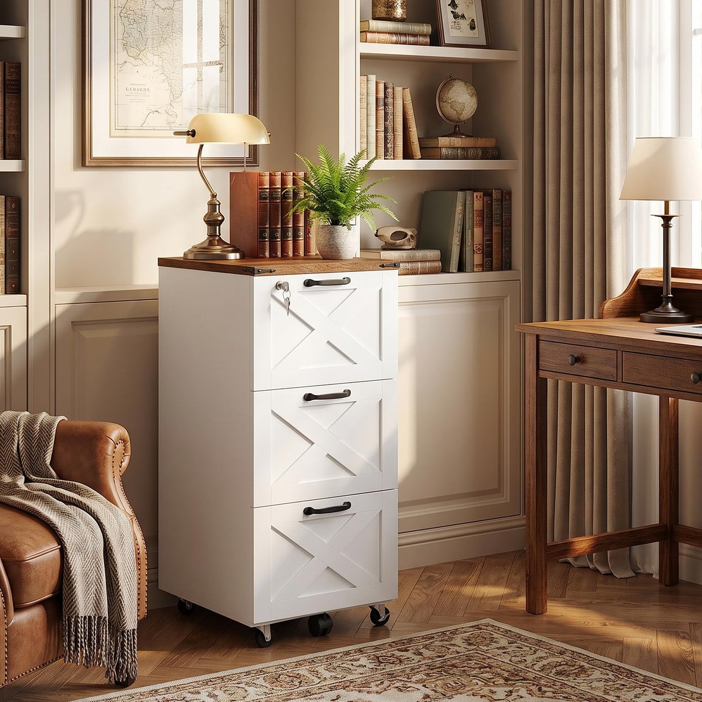HOOBRO 3 Drawer File Cabinet with Lock, Mobile Filing Cabinet for Home Office, Wooden Farmhouse Office Storage Cabinet, Printer Stand Fits Letter and A4 Size, Walnut and White WH93WJ01G1