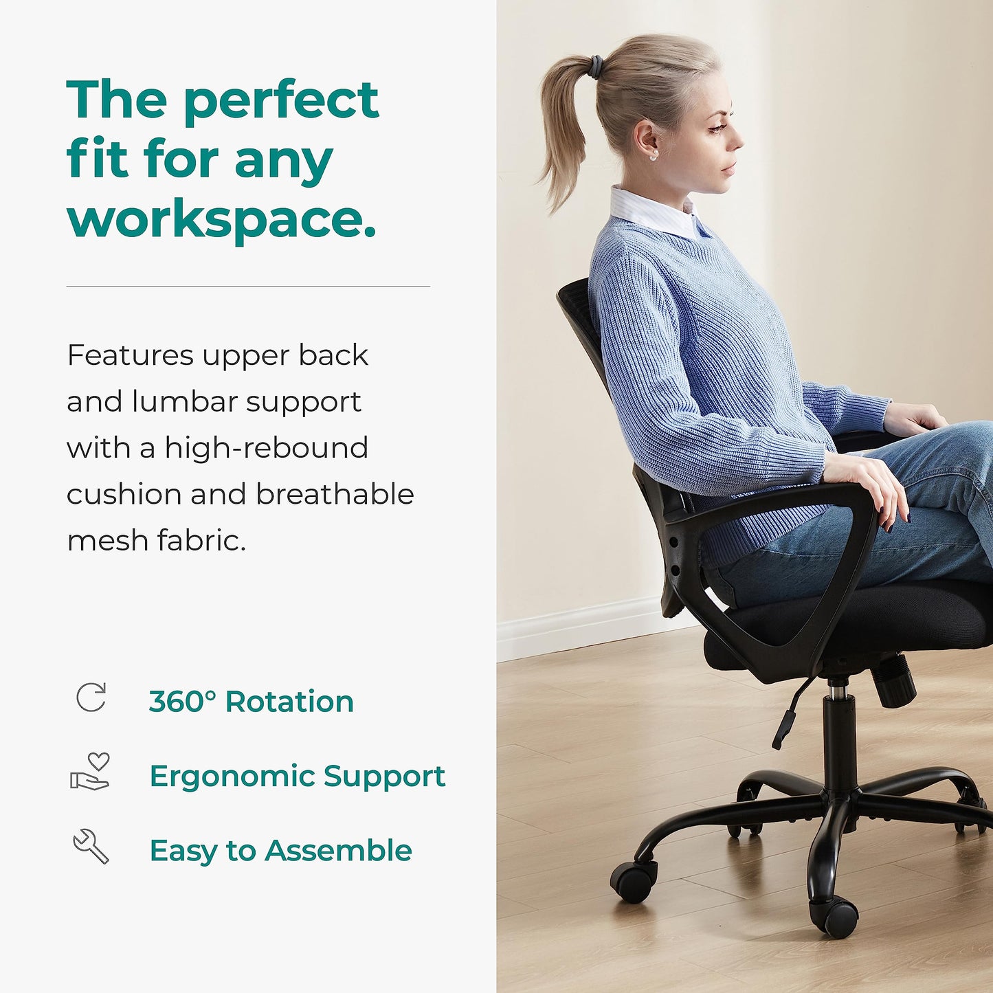 OLIXIS Home Office Chair, Mid Back Computer Ergonomic Mesh Desk with Large Seat, Executive Height Adjustable Swivel Task with Lumbar Support and Armrest, for Adults, Black