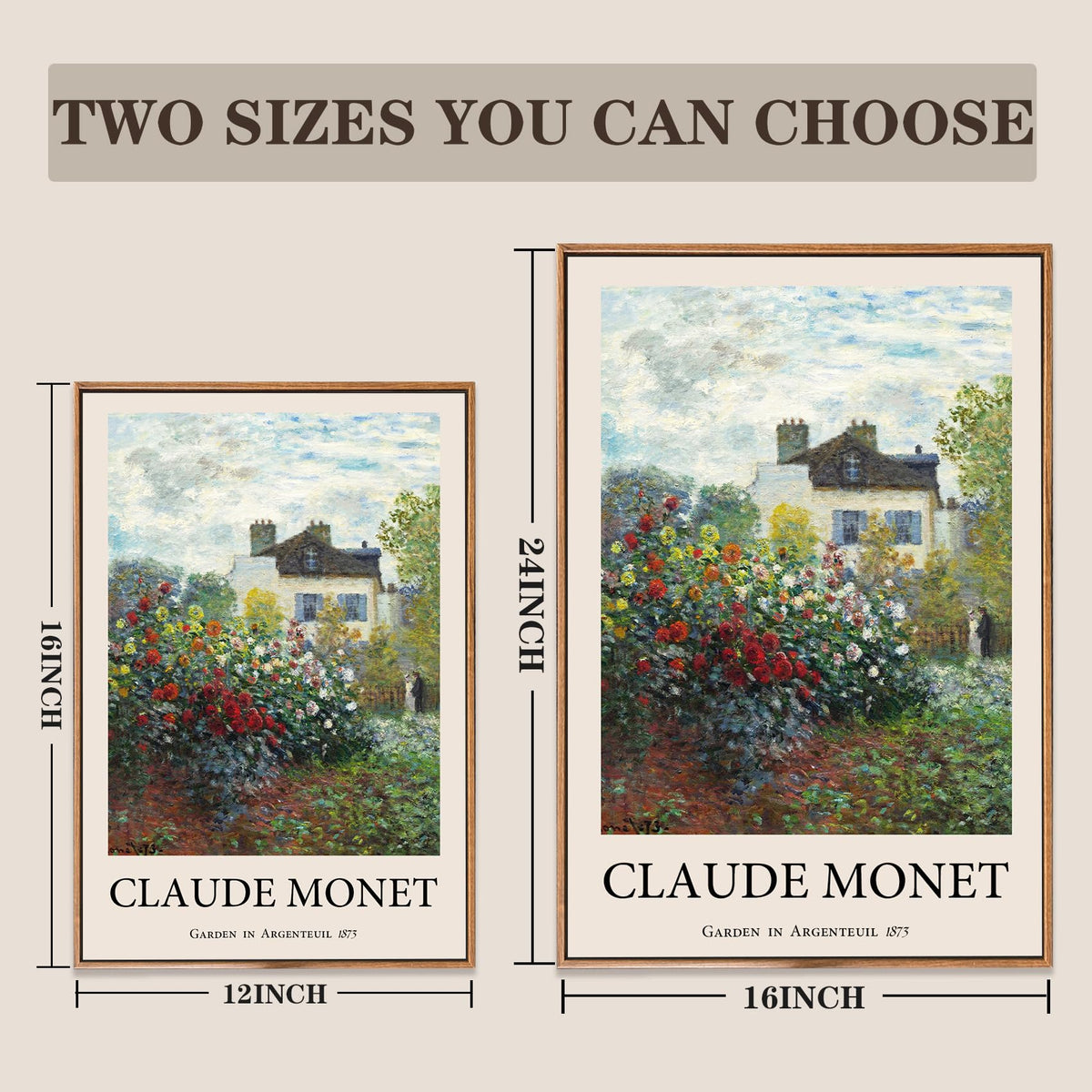 LARAGE Claude Monet Framed Canvas Wall Art,Garden in Argenteuil Famous Oil Painting Pictures,Impressionist Famous Reproductions Artwork for Living Room Office Classroom Wall Decor -12x16in