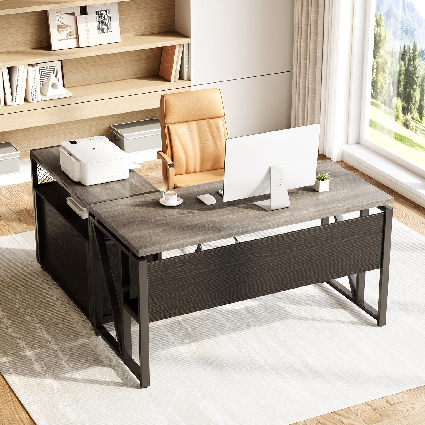 LITTLE TREE 55" Executive Computer Desk and Lateral File Cabinet, L-Shaped Office Desk with Storage for Home Office, Study Writing Workstation, Walnut + Black