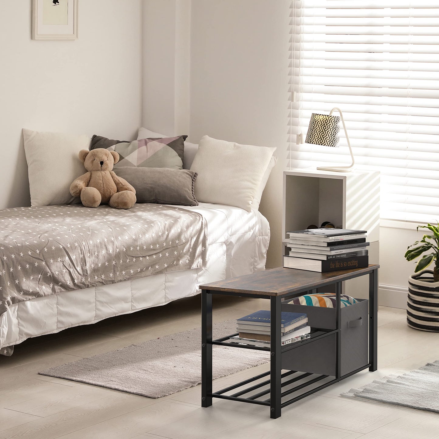 Simple Houseware 2 Tier Shoes Bench with Wood Top and Storage Bins, Rustic Brown