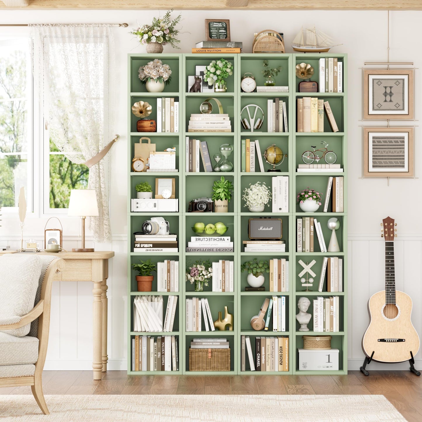 FOTOSOK 8-Tier Media Tower Rack, 11.6 X 9.3 X 70.9 Inches CD DVD Slim Storage Cabinet with Adjustable Shelves, Tall Narrow Bookcase Display Bookshelf for Home Office, Green