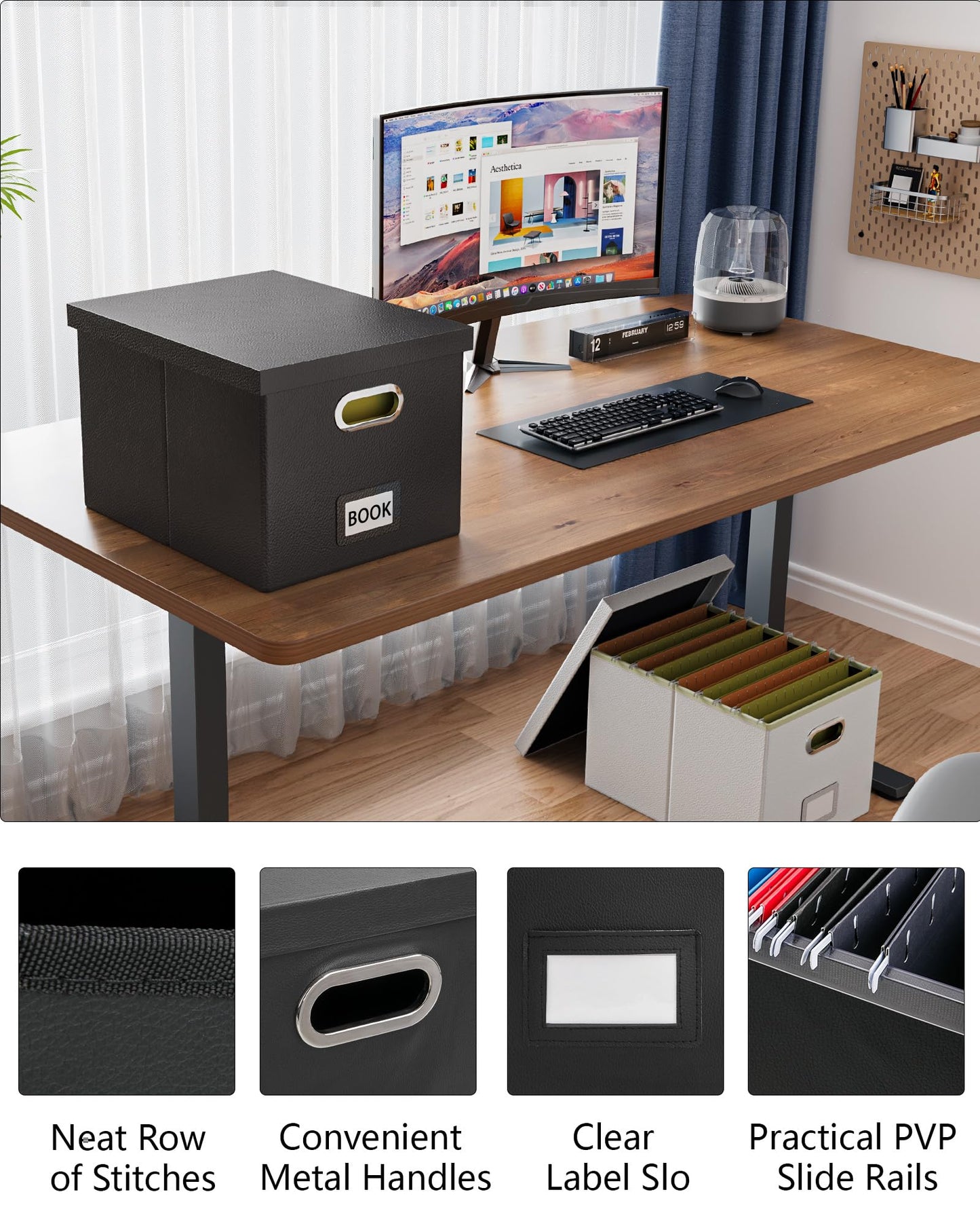 Oterri File Organizer Box with Lid - Portable Hanging File Box for Letter/Legal Files, Office/Decor/Home, 1 Pack, Black Leather