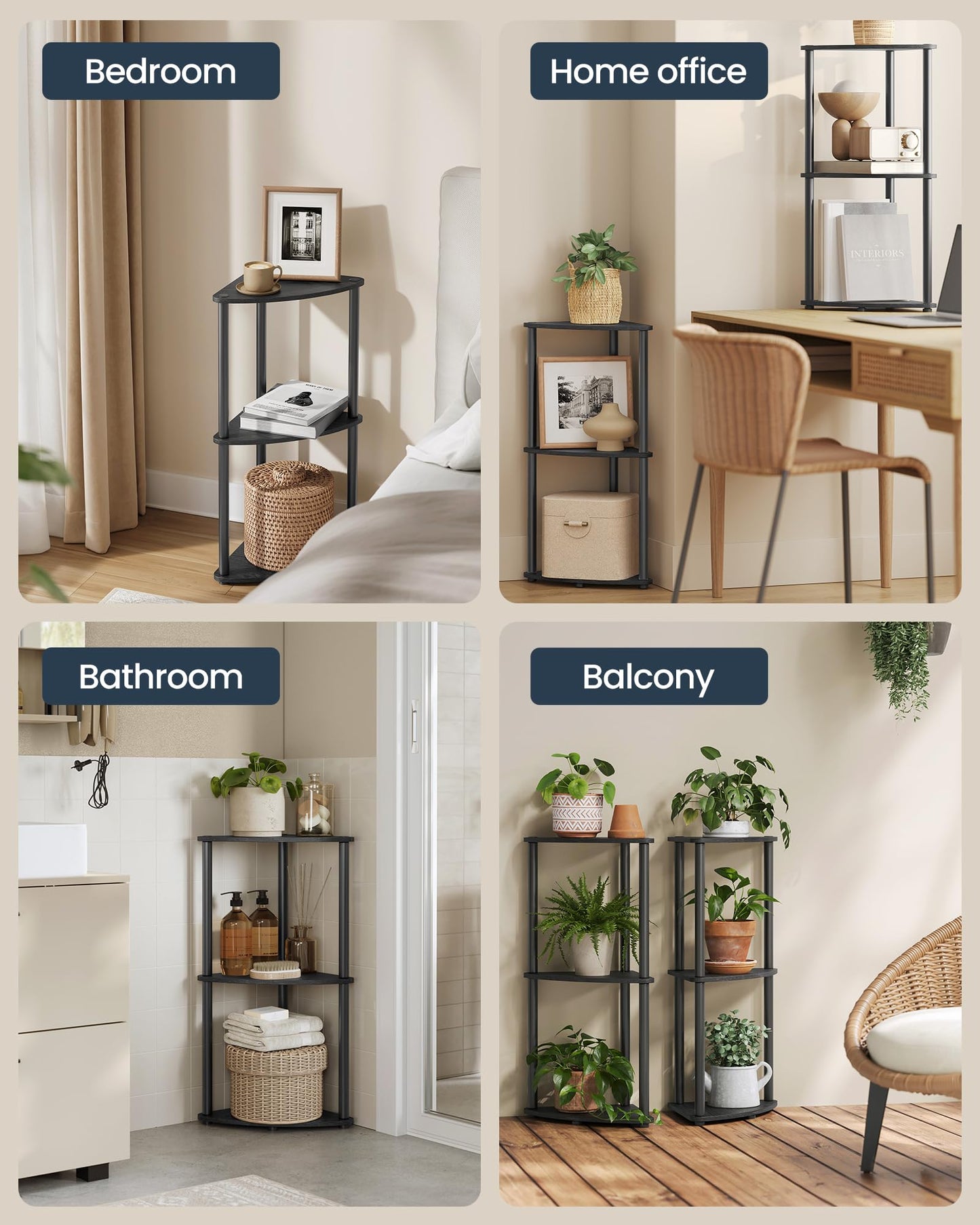 SONGMICS HOME Superfast Toolless Assembly, Corner Shelf Stand, 3-Tier Corner Standing Shelf, Living Room, Bedroom, Kitchen, 15 x 10.6 x 27.8 Inches, Ink Black ULBC620B01