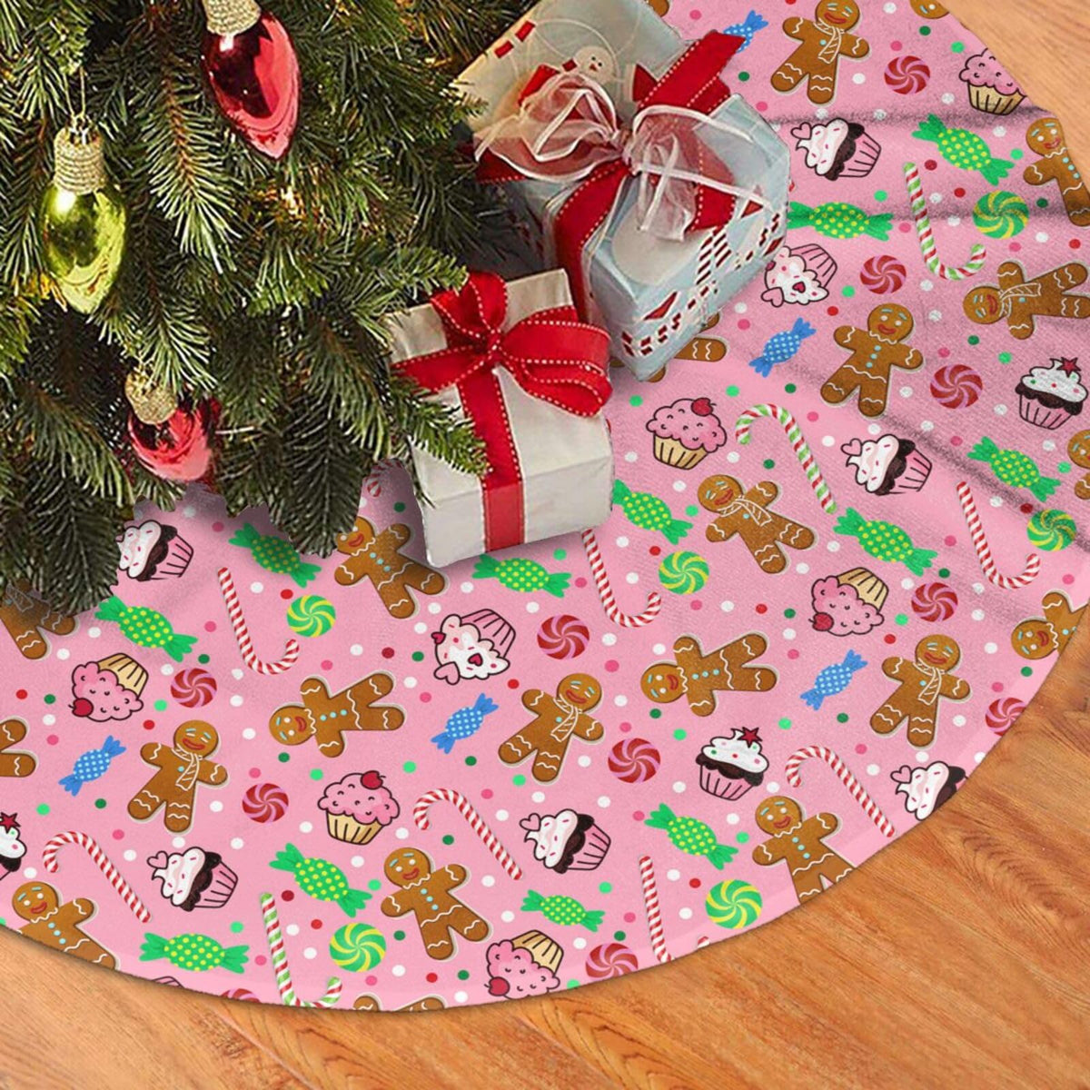 Cute Pink Christmas Gingerbread Man Candy Tree Skirt 48 Inches Santa Tree Skirts Xmas Mat Farmhouse Holiday Party New Year Supplies Ornaments Decorations for Indoor Outdoor Mini Small Pencil Big Trees