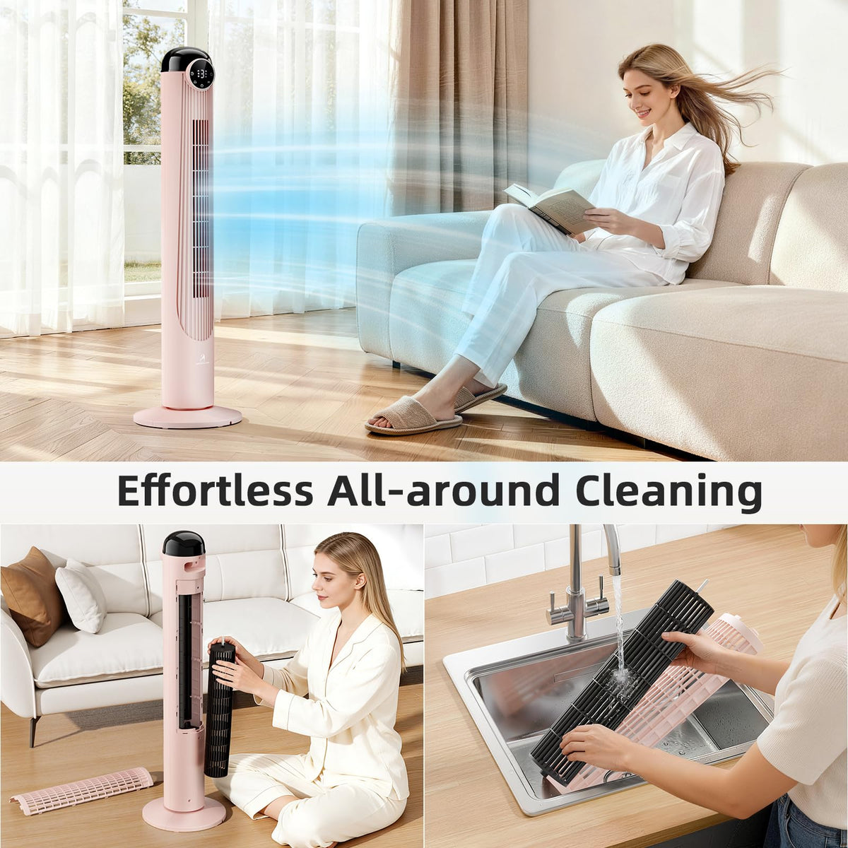 Antarctic Star T36 Tower Fan-36 Inch, Bladeless Oscillating Fan with Remote, 6 Speeds & 4 Modes, LED Display, 9H Timer, Quiet Floor Standing Fan for Bedroom Living Room Office, Pink