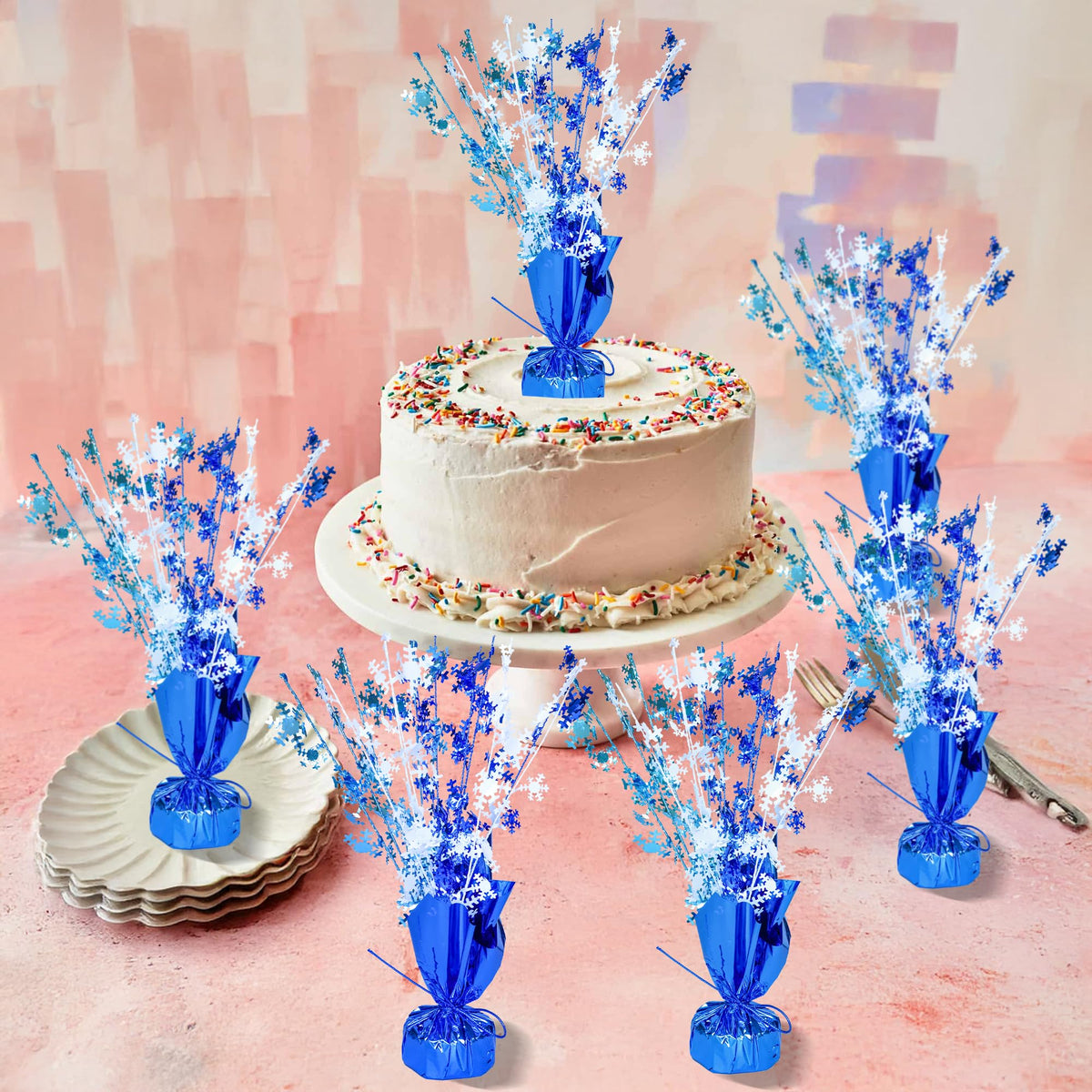 Gyufise 6 Pack Metallic Foil Spray Centerpiece Snowflake Table Decoration Burst Table Centerpieces Table Decor for Winter Wonderland Birthday Wedding Anniversary Holiday Party Supplies Blue