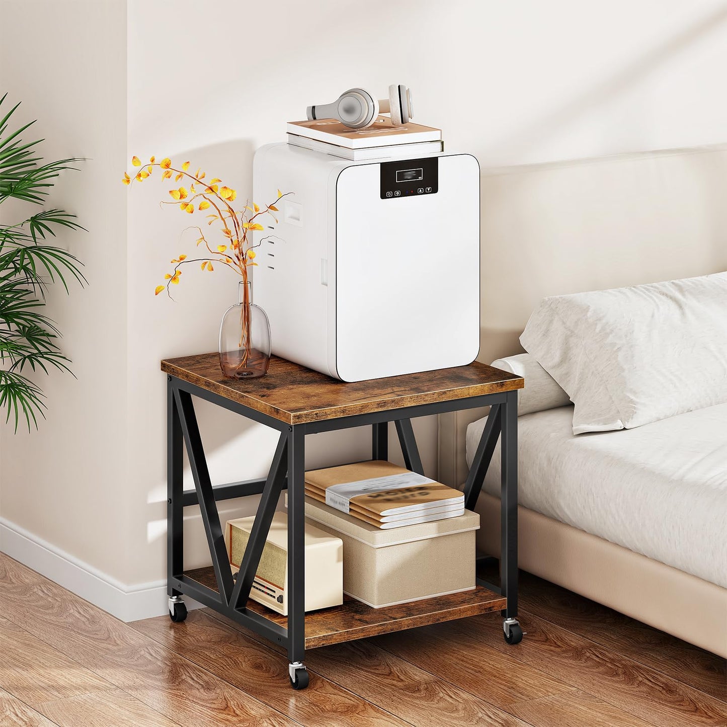 HOOBRO Mini Fridge Stand with 2-Tier Storage Shelf, 19.7” Square End Table, Mini Fridge Table with Wheels and Adjustable Feet, Sturdy Metal Frame for Living Room, Bedroom, Rustic Brown BF01BX01