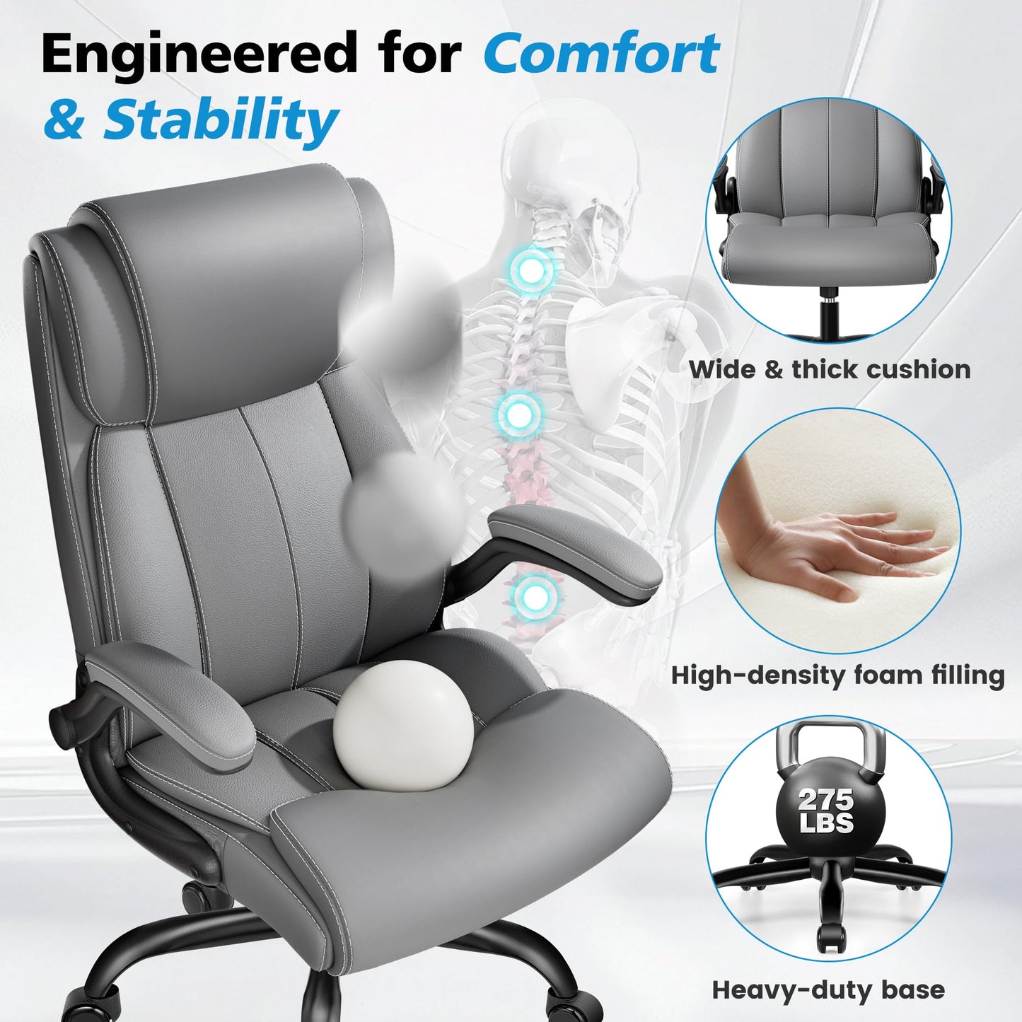 Stella Mia Ergonomic Office Chair – High Back Computer Desk Chair with Inflatable Lumbar Support & Flip-Up Arms, Heavy Duty PU Leather Executive Chair, Wide Seat, Long Hours, Light Gray