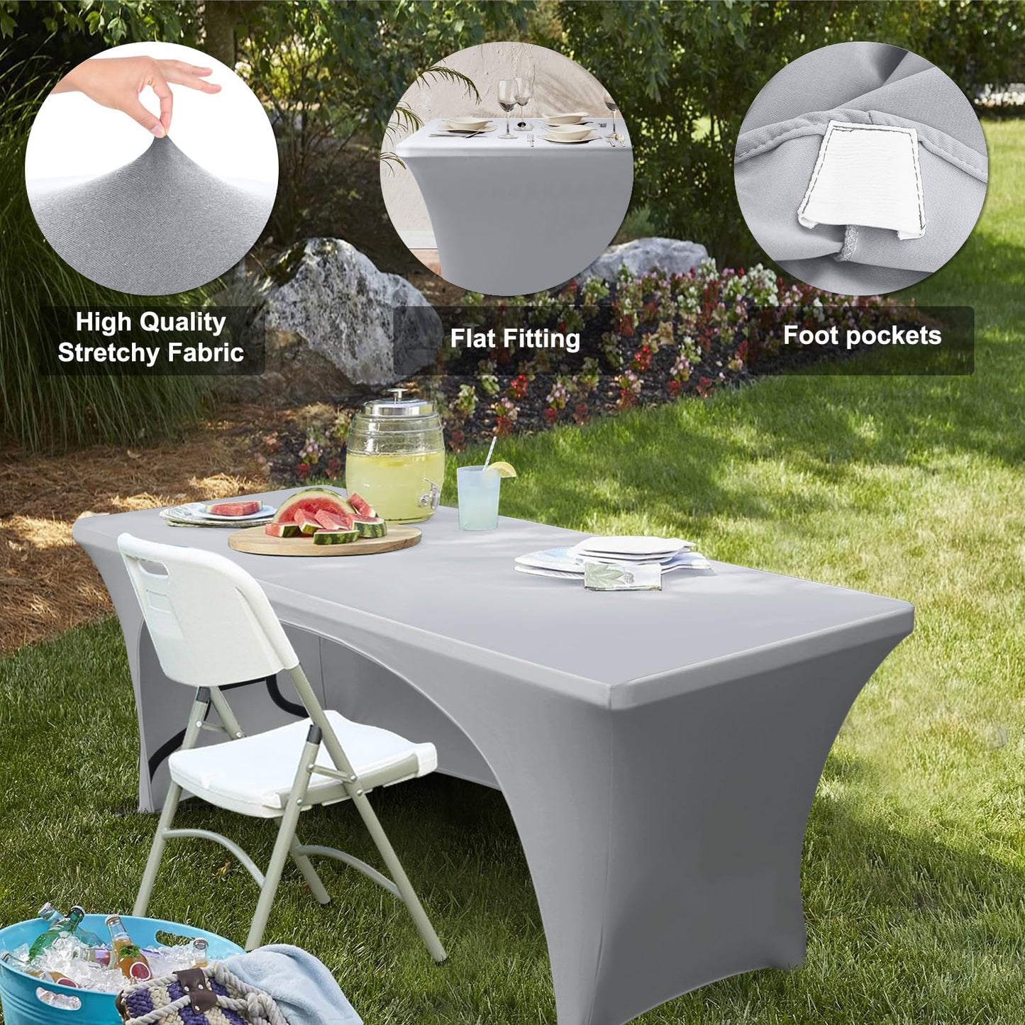 ABCCANOPY 6 ft Spandex Table Cover Open Back Fitted Tablecloth Stretch Washable Tablecover Table Topper for Rectangle Tables Gray
