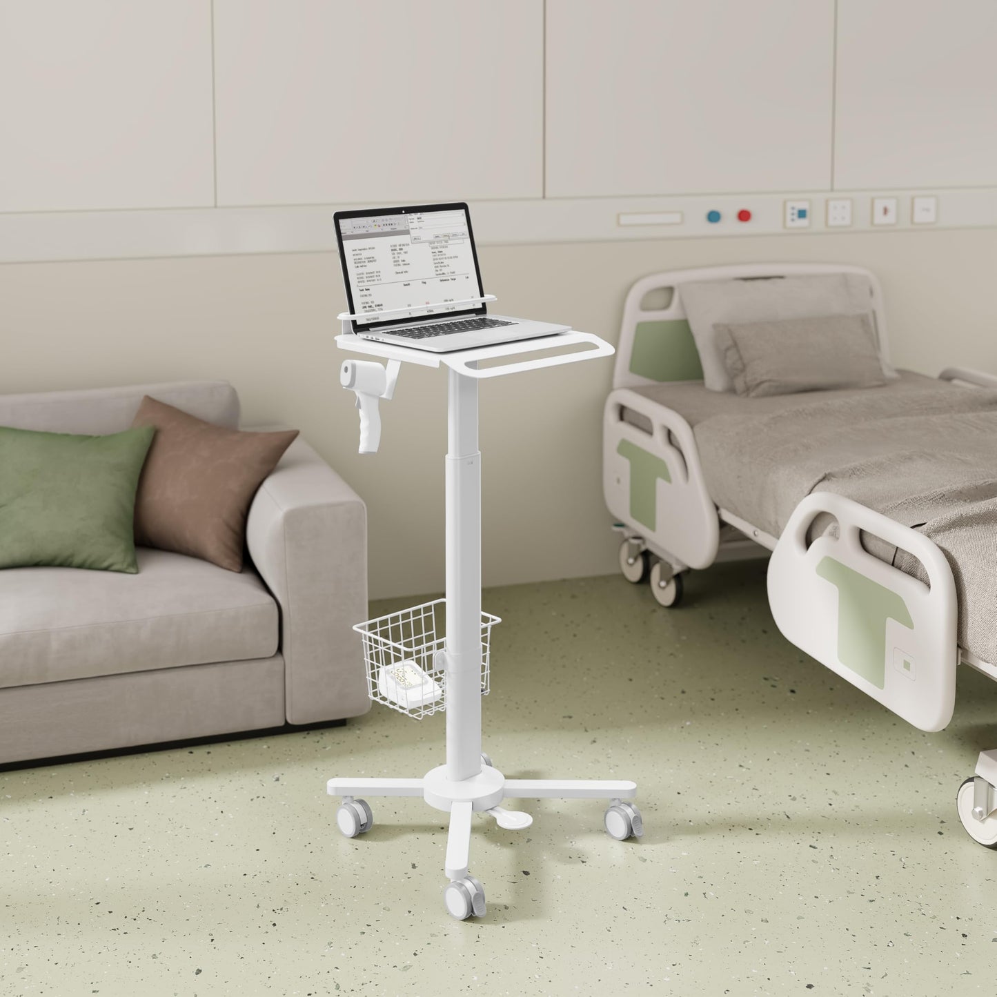 MB-C13-4 Height Adjustable, Lightweight, Anti-Theft, Anti-Slip Medical Laptop Workstation Trolley Cart with Wheels, Oral Scanner Holder, Basket Storage | Tabletop for Dental Office, Hospital, Clinic