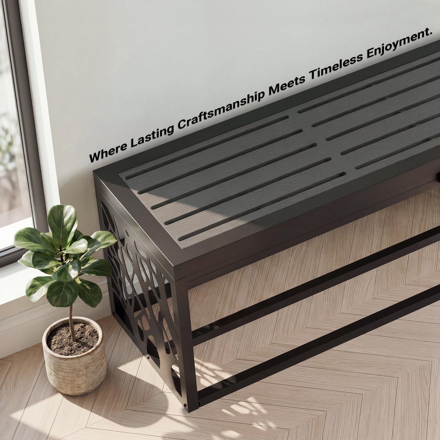 Orbotots 37" Outdoor Garden Bench with Storage Shelf, Modern Black Entryway Bench, Wood-Grain HDPE Seat, Galvanized Steel Frame with Powder Coating for Porch, Yard, Patio, Tree