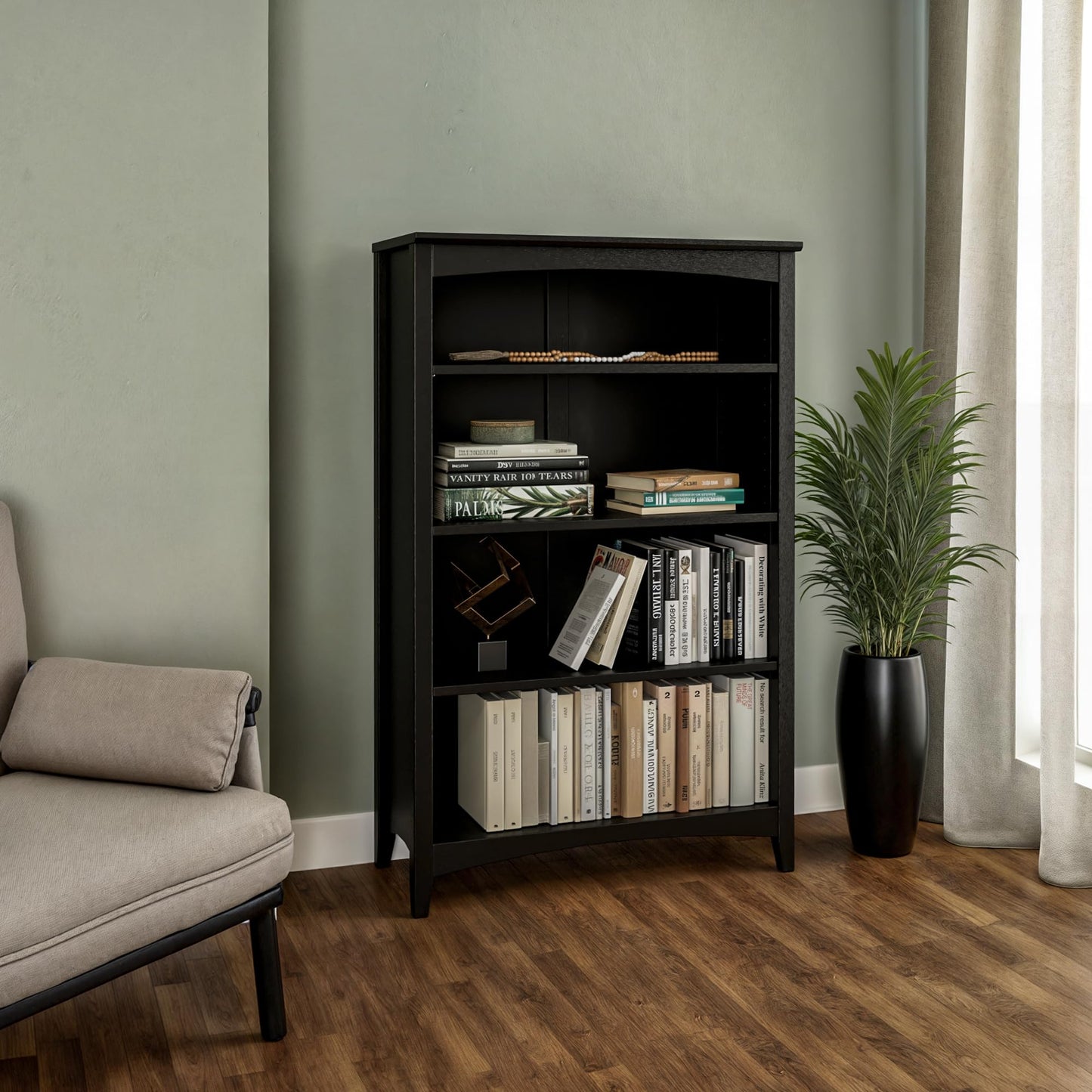 Camaflexi Shaker Style 4 Shelf Bookcase/Solid Wood / 48" High/Adjustable Shelving/Closed Back/Display Bookshelf for Living Room, Bedroom, Home and Office, Black