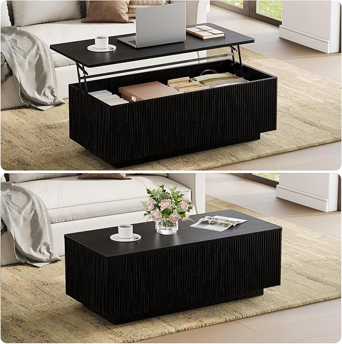 FABATO Mid Century Modern Coffee Table, Wooden Fluted Center Table