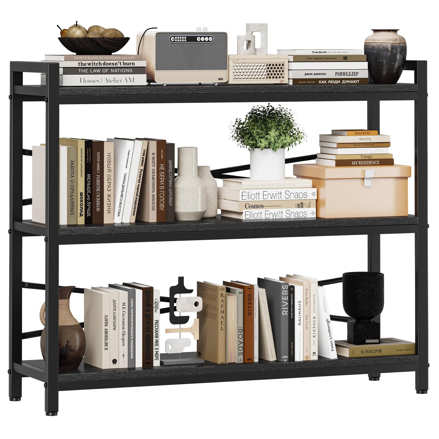 3 Tier Bookshelf 39.37" Width, Dorm Desk Hutch, Desk Shelf, Long Industrial Bookcase, Wooden Large Book Shelf for School Home Living Room Bedroom Office Storage(Black)