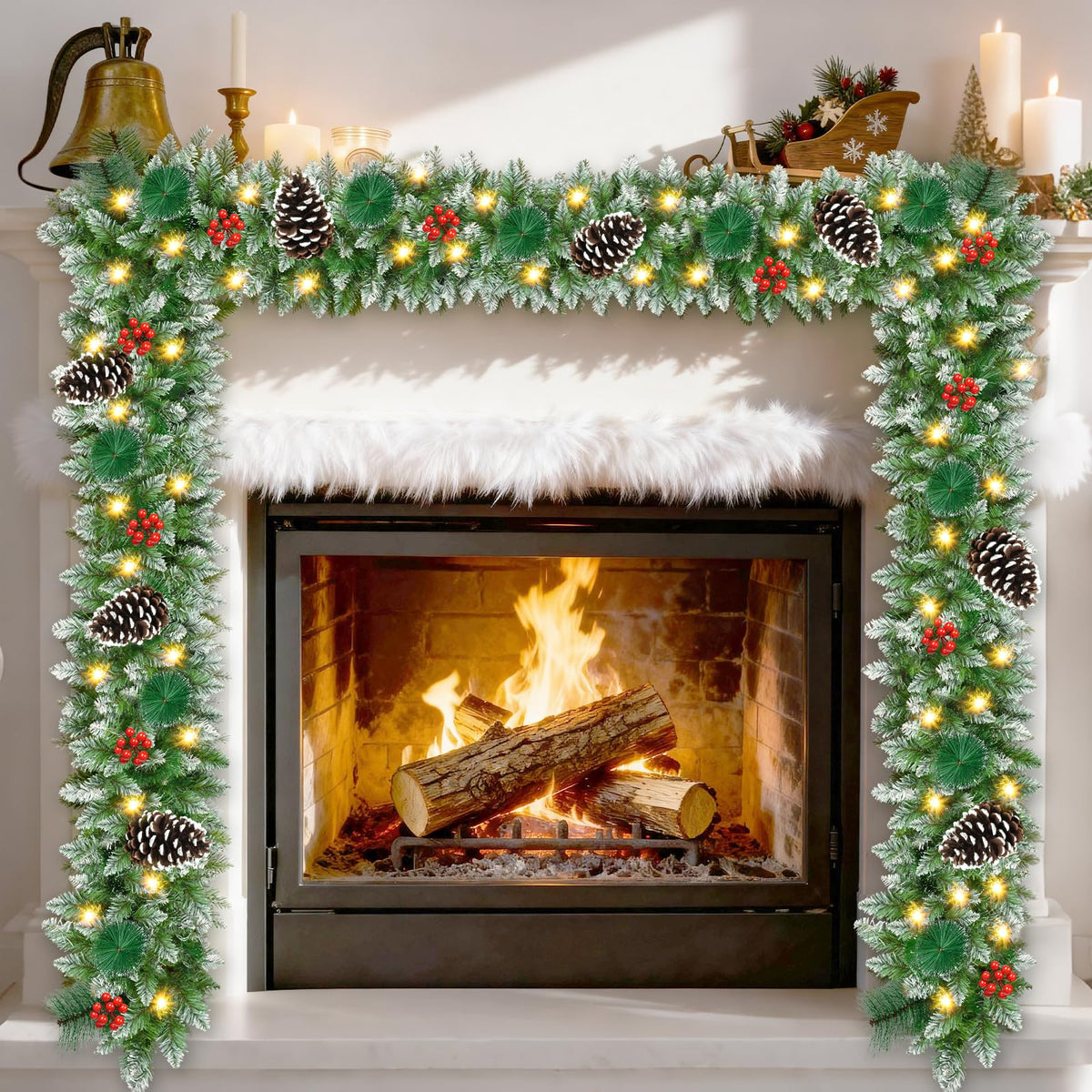 Christmas Garland with Lights 9 FT Artificial Christmas Garland 250 Pieces of Green Rattan Christmas Garland Holiday Artificial Decor for Stairs Wall Door Indoor Outdoor Garland