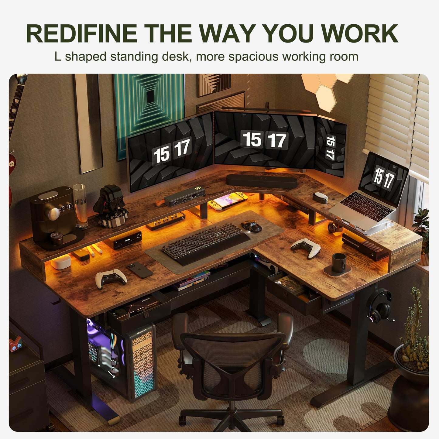 FEZIBO 63"x49" L Shaped Standing Desk with LED Strip & 2 Drawers, Upper and Lower Storage Shelves Available, Electric Height Adjustable, for Gaming, Office, Rustic Brown