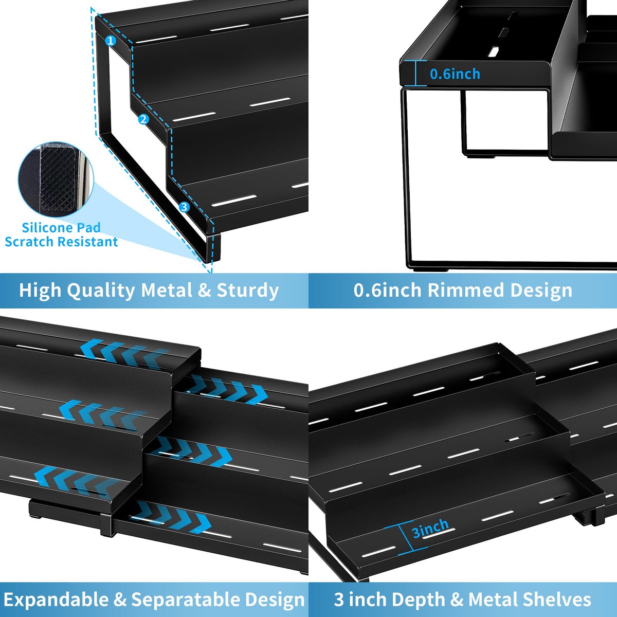BOIVSHI Spice Rack Organizer for Cabinet, Expandable 3 - Tiered Spice Rack, Metal Spice Organizer, Spice Shelf Organizer for Cabinet, Countertop, Pantry, Cupboard, Black