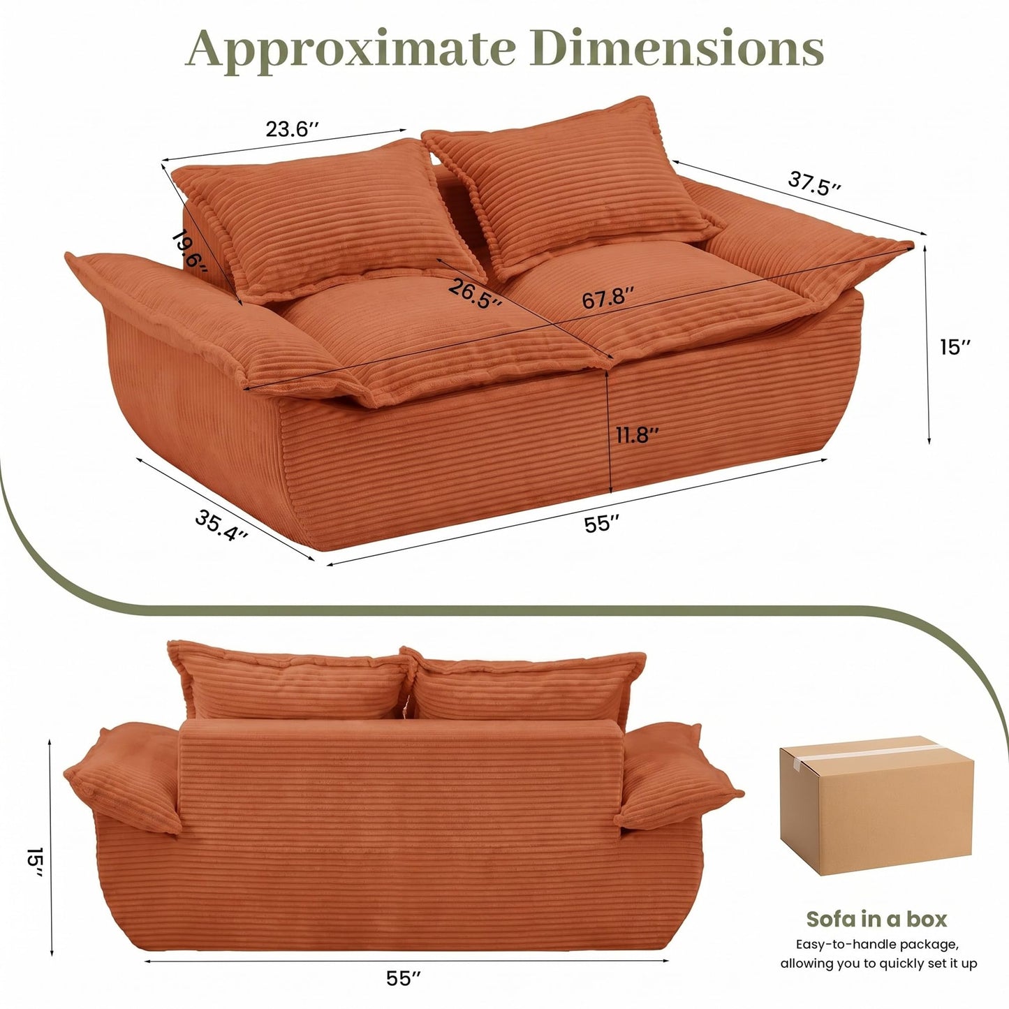 JUIKURY 55" Convertible Corduroy Sofa Bed, Boneless Foldable Loveseat Sleeper Couch, Compressed Foam Floor Sofa with Removable Cushions & Pillows for Small Space Living Room