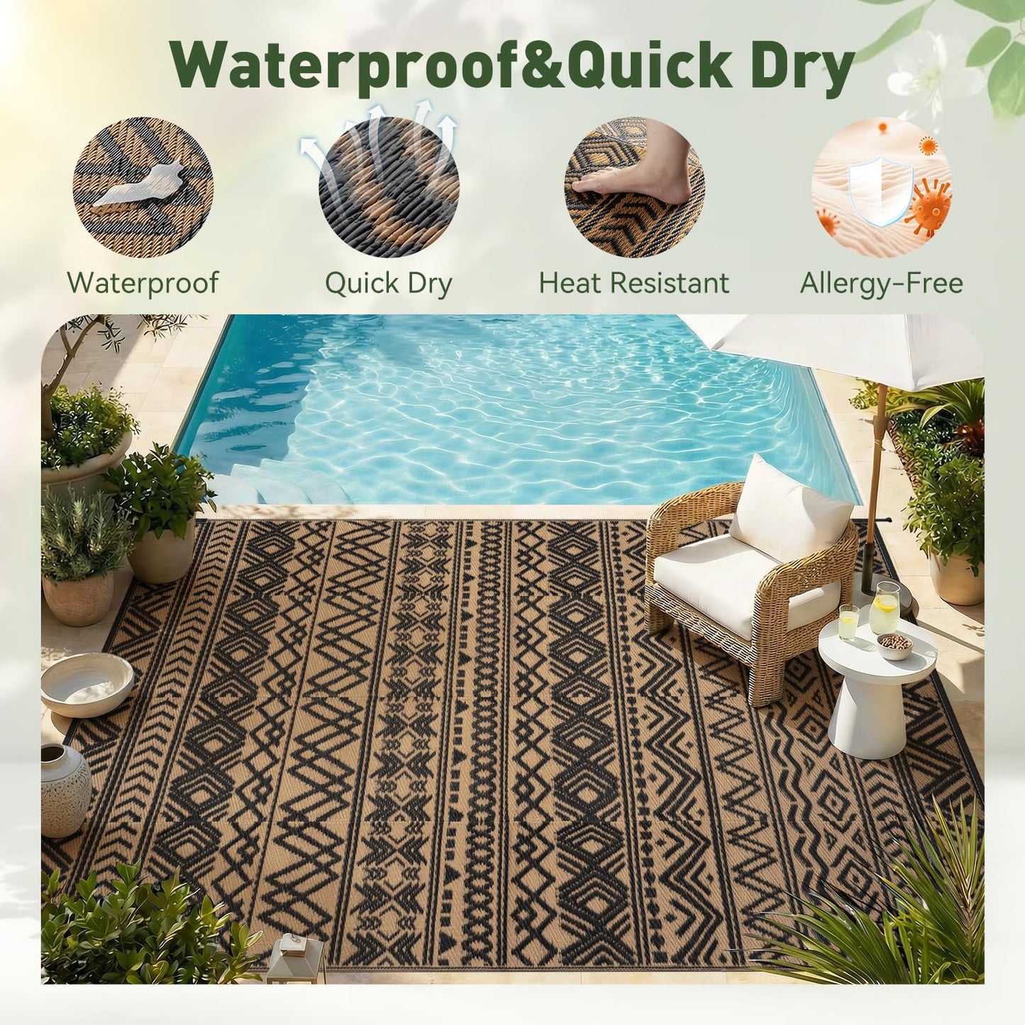 MontVoo-Outdoor Rug Carpet Waterproof 5x8 ft Reversible Patio Rug RV Camping Rugs Plastic Straw Outside Indoor Outdoor Area Rugs for Patio Deck Balcony Picnic Beach Outdoor Decor Boho Black Brown