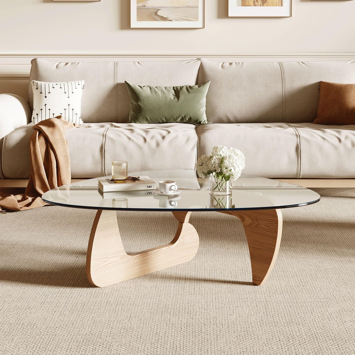 Miloyer Modern Coffee Table for Living Room and Small Spaces, 35.6" x 25.4" x 15.8" Triangle Tempered Glass Table Top and Solid Wood Base, Natural Wood