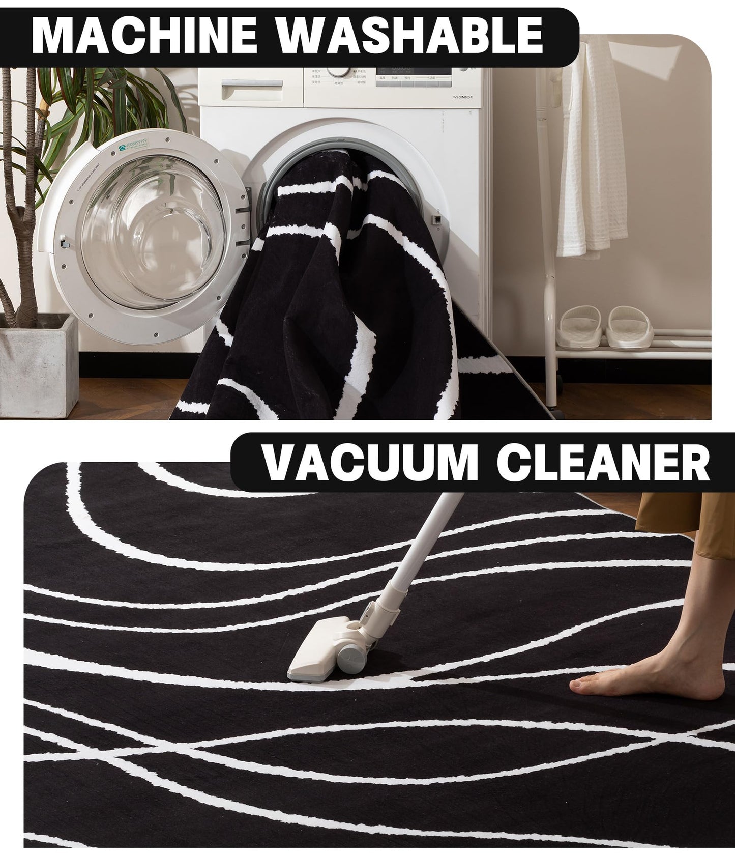 YIHOUSE Black Modern Area Rugs 9x12,Large Black and White Washable Rug for Living Room,Thin Abstract Geometric Rug,Minimalist Striped Rugs for Bedroom,Office