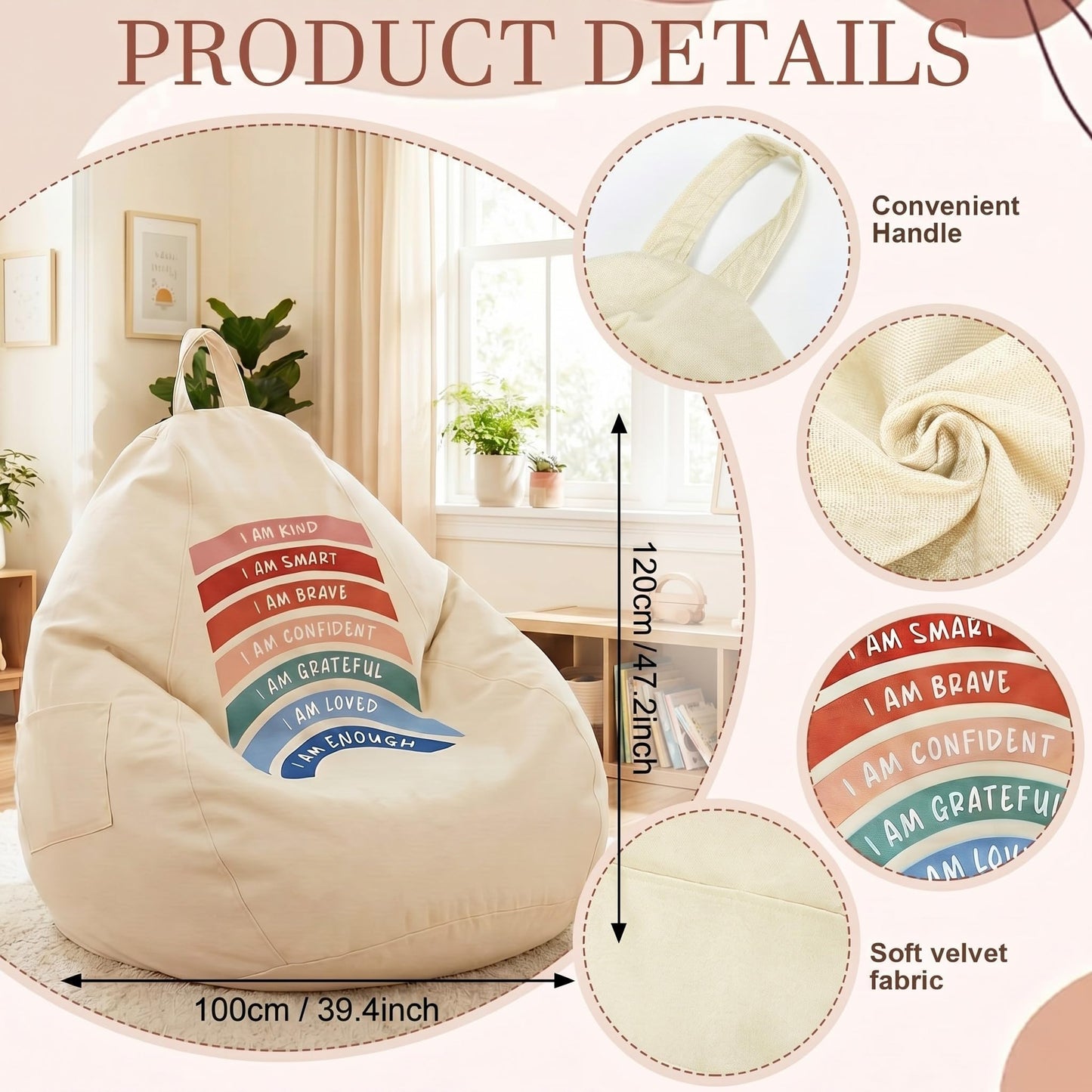 Tegeme Reading Calming Corner Supplies Storage Bean Bag Cover (No Filler) for Classroom Furniture Therapist Office Must Haves Calm Down Corner Supplies Playroom Boho Classroom Decor 39.4 x 47.2 inches