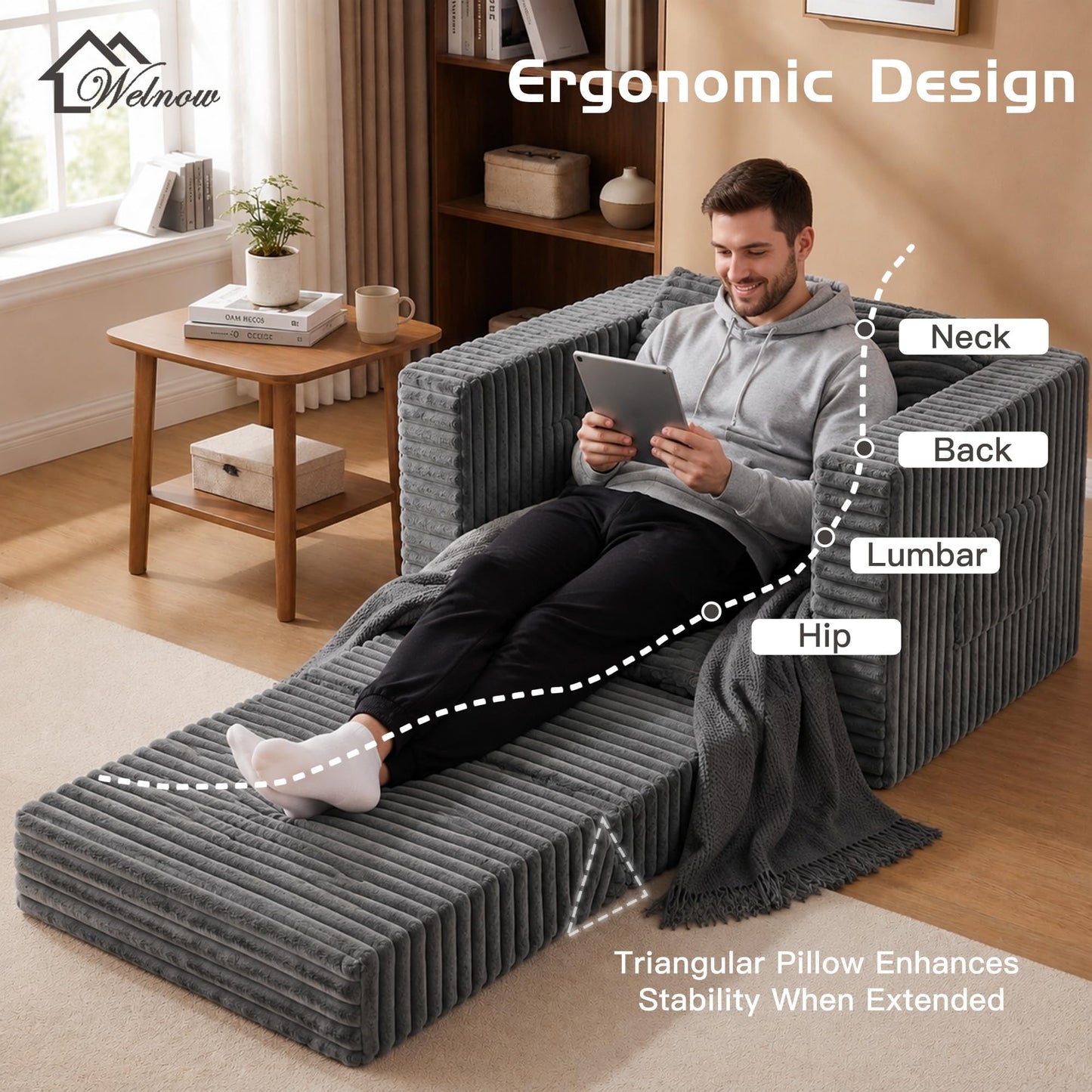 Welnow Folding Sofa Bed, Chair Bed Sleeper for Adults with Triangle Cushion, Boneless Couch with Washable Cover, Fold Out Chair Bed for Living Room Bedroom,Single, Grey