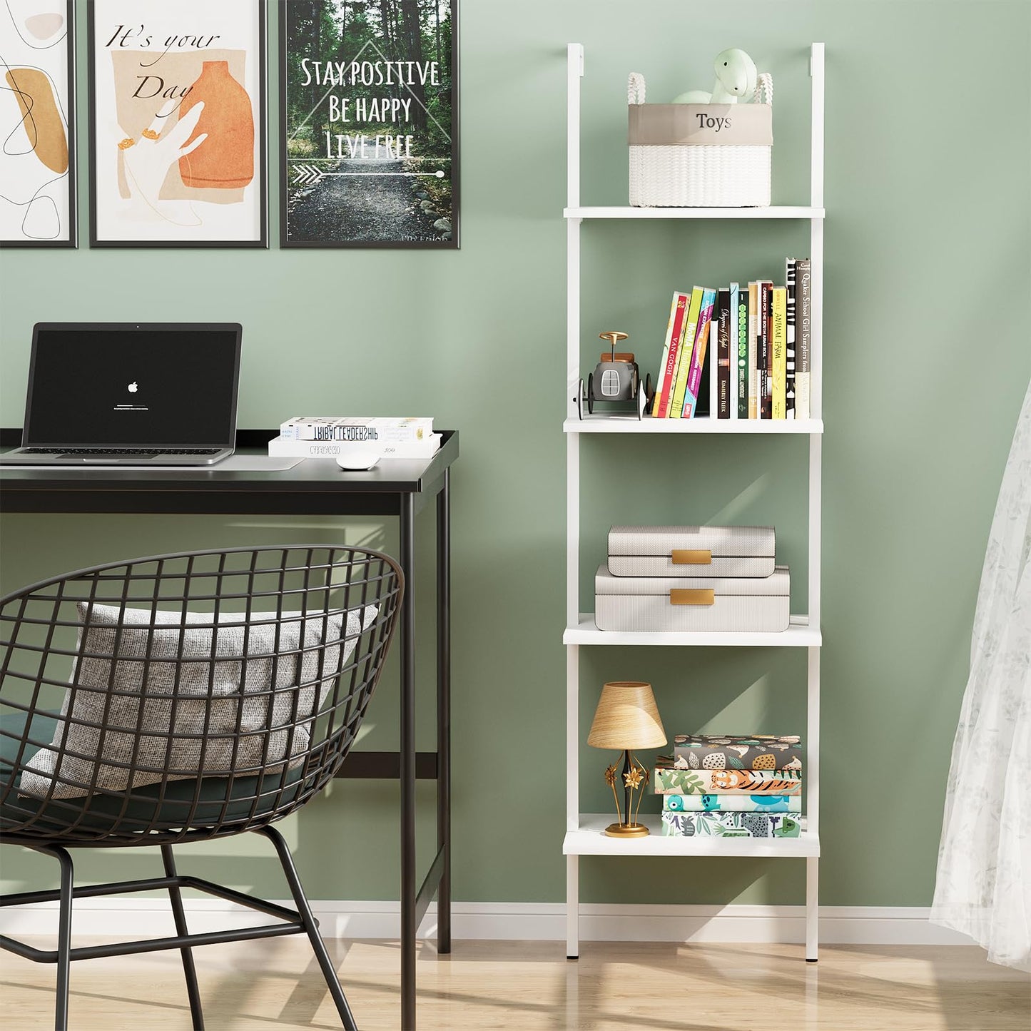 Wolawu Ladder Shelf 4 Tiers Metal Industrial Bookshelf,White Wooden Tall Open Storage Rack and Display Shelves,Wall Mount Wide Bookcase for Home Office Bedroom,Small