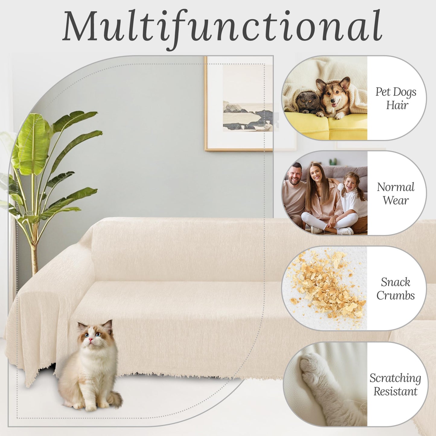 HDCAXKJ Corner Sectional Couch Covers for Dogs L Shape Sofa Cover with Tassel Chenille Soft Non Slip U Shaped Couch Cover Blanket Washable Sectional Slipcover Protector (Cream White, 91x276 inch)
