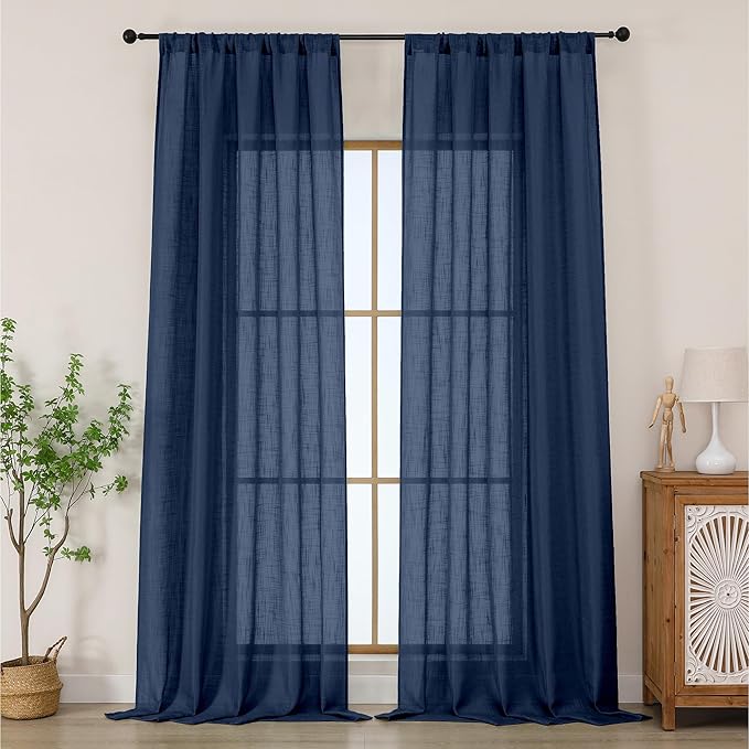 Chyhomenyc Extra Long Navy Blue Semi Sheer Curtains 108 Inches Long 2 Panels Set