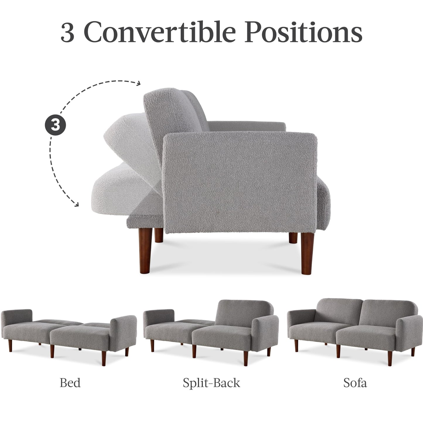 Best Choice Products 77" Mid Century Modern Boucle Loveseat Sofa, Couch, Convertible Sofa Sleeper Bed w/Real Wood, Removable Armrest - Storm Gray