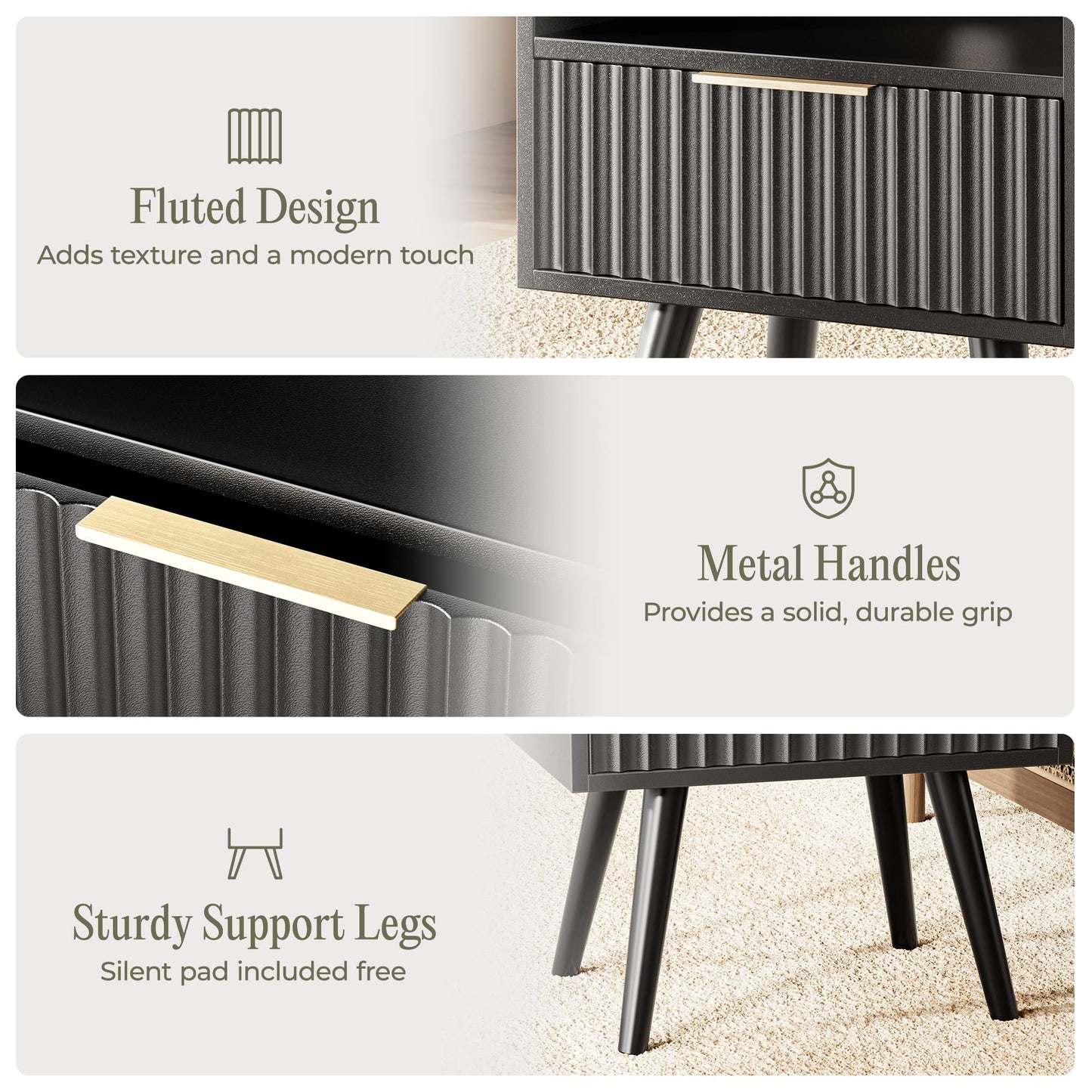 Huuger Nightstand with Charging Station, USB-C Port, Fluted Night Stand with Drawer, Bed Side Table with Solid Wood Feet, Open Storage, End Table with Raised Edge, for Bedroom, Black