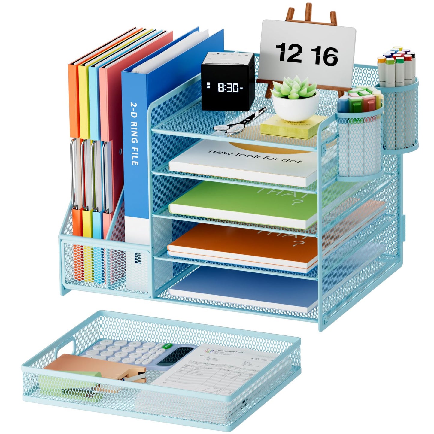 Marbrasse Desk Organizer with File Holder, 5-Tier Paper Letter Tray Organizer with Drawer and 2 Pen Holder, Mesh Desktop Organizer and Storage with Magazine Holder for Office Supplies(Blue)