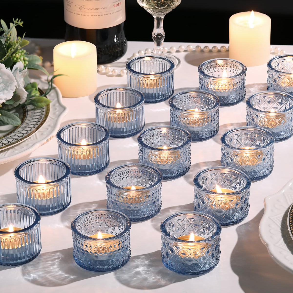 Lanttu 15 Pcs Glass Blue Tealight Candle Holders 2.17"x1.38"