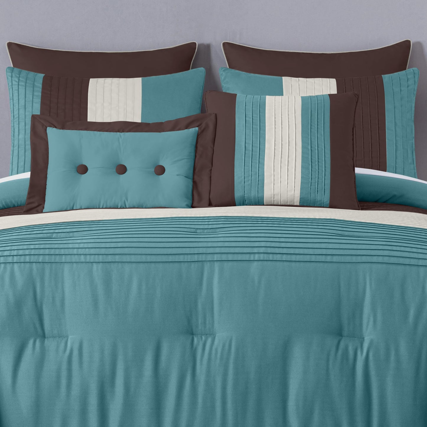Chezmoi Collection Loft 8-Piece Luxury Striped Comforter Set (Full, Blue/Beige/Chocolate Brown)