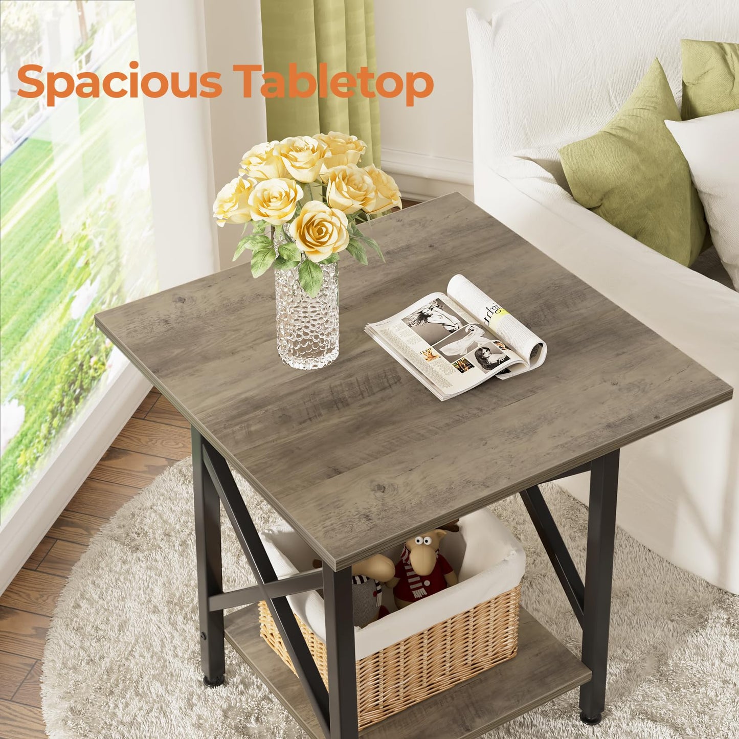 GreenForest Square End Table for Living Room, 24 Inch Large Side Table with X-Frame, Farmhouse Tall Bedside Nightstand with 2-Tier Storage Shelf, Gray Wash