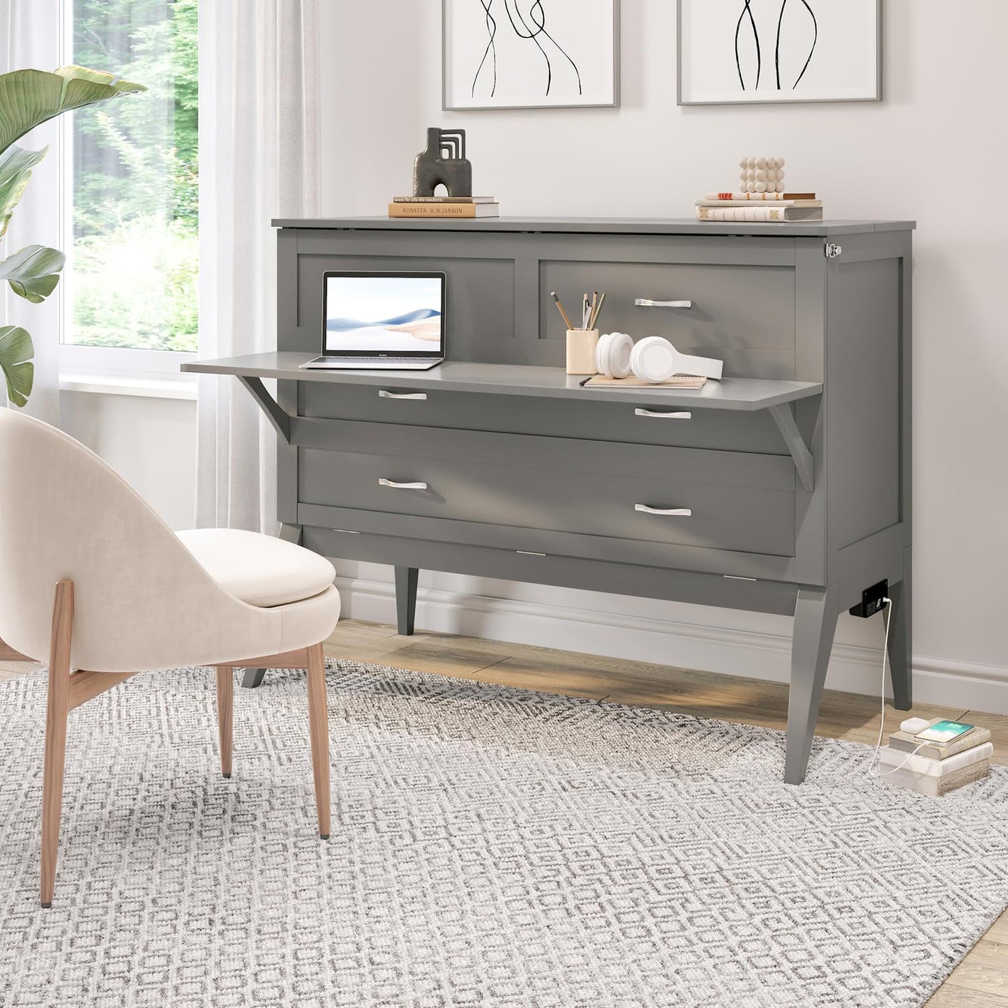 HomeStock Full Murphy Bed Desk with 6" Mattress & Built in Charger in Grey