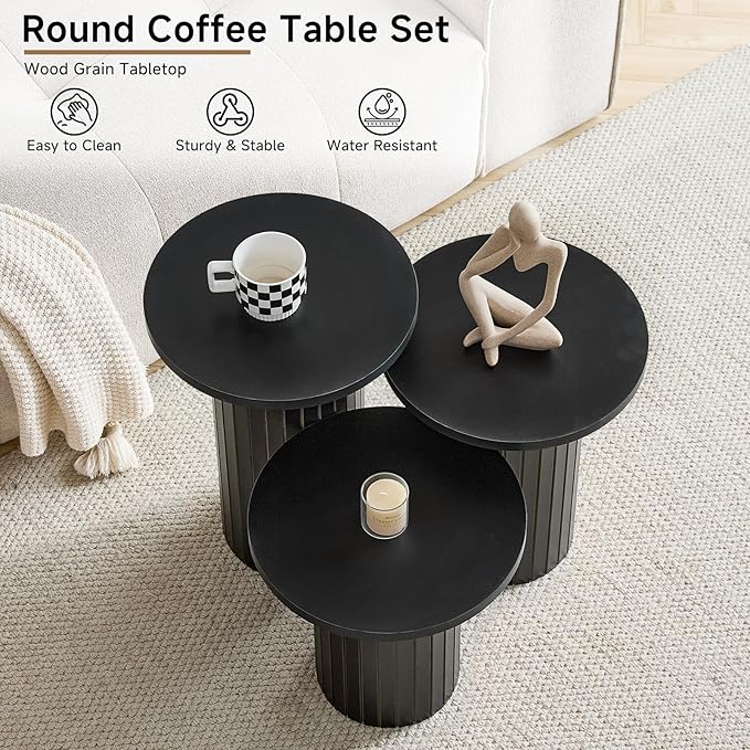 Round Nesting Coffee Table Set of 3 Mid Century Modern Wood Round Coffee Tables