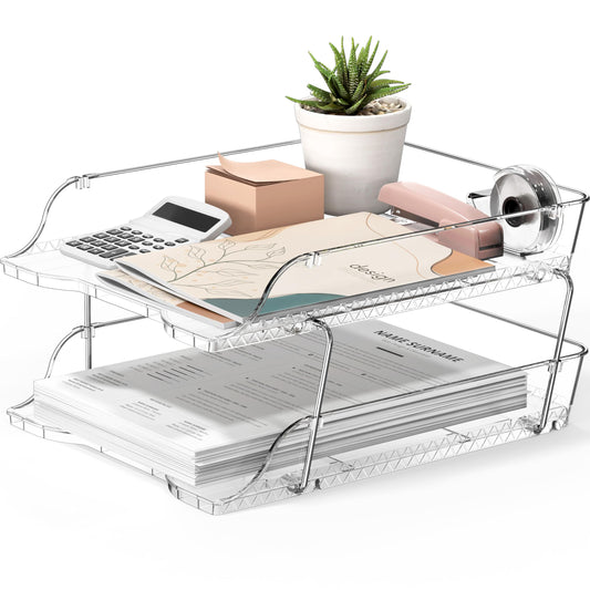 Simple Houseware 2-Tier Clear Stackable Letter Tray Organizer – Desktop File Holder for A4/Letter Size Paper, Document Sorter, Office Desk Paper Organizer, Transparent File Storage